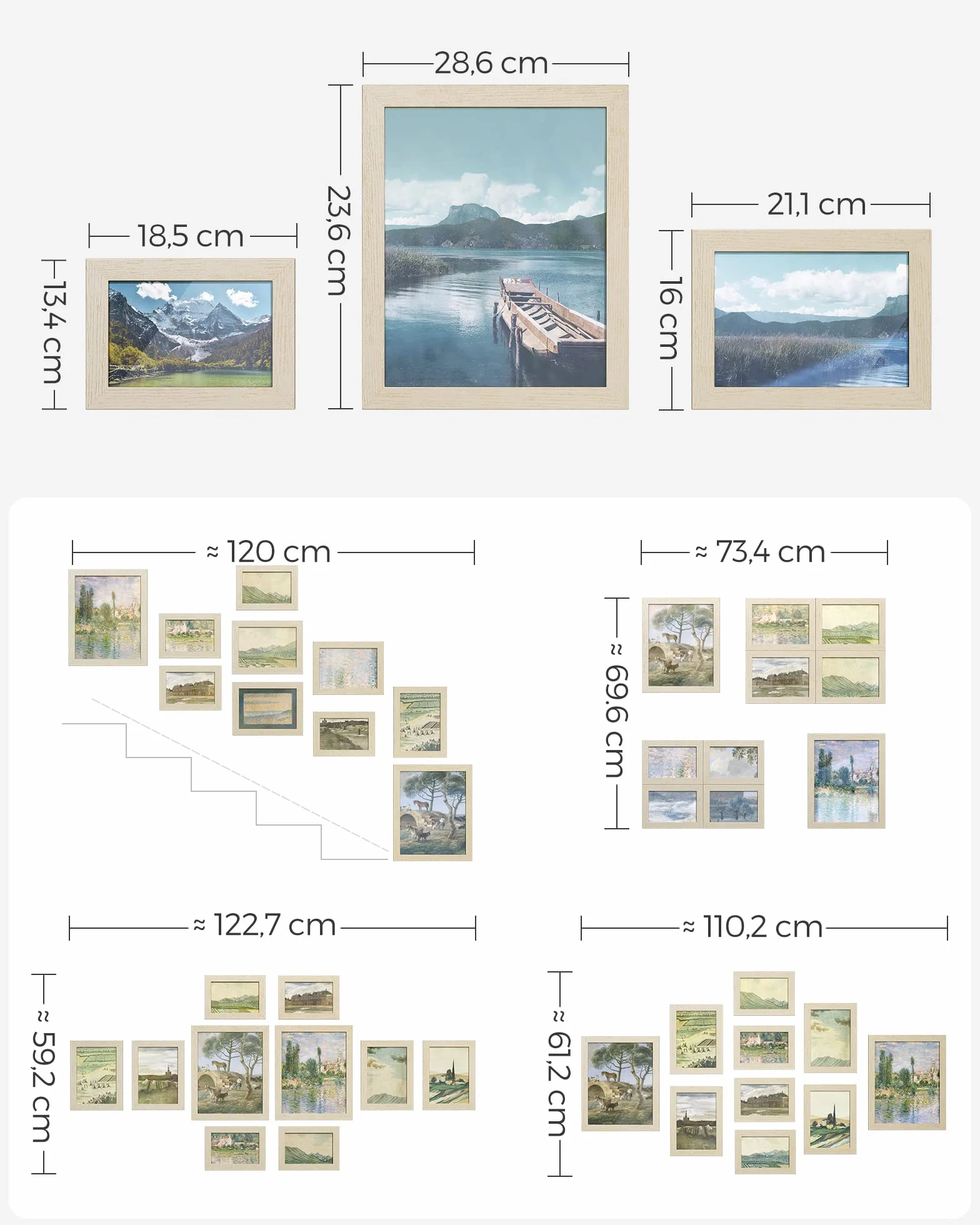 SONGMICS RPF310N02 ramka na zdjęcia, na 2 zdjęcia o wymiarach 20 x 25 cm, 4 zdjęcia o wymiarach 13 x 18 cm, 4 zdjęcia o wymiarach 10 x 15 cm, płyta z tworzywa sztucznego, MDF, kolor naturalny