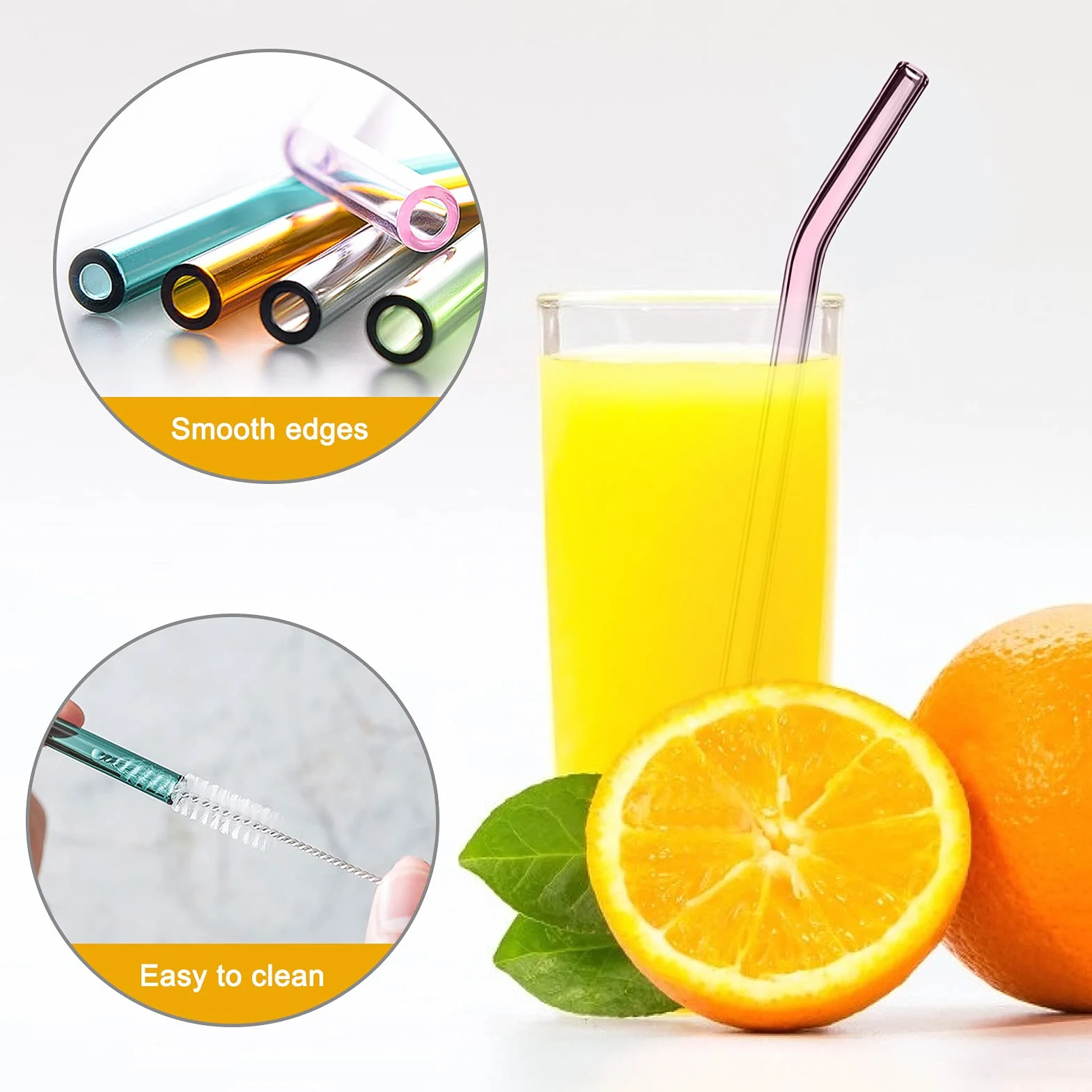 Szklane słomki wielokrotnego użytku, 8 kolorowych słomek szklanych, zakrzywione, z 2 szczotkami do czyszczenia szklanek, do koktajli, smoothie i soków. Słomki do picia, nadają się do mycia w zmywarce