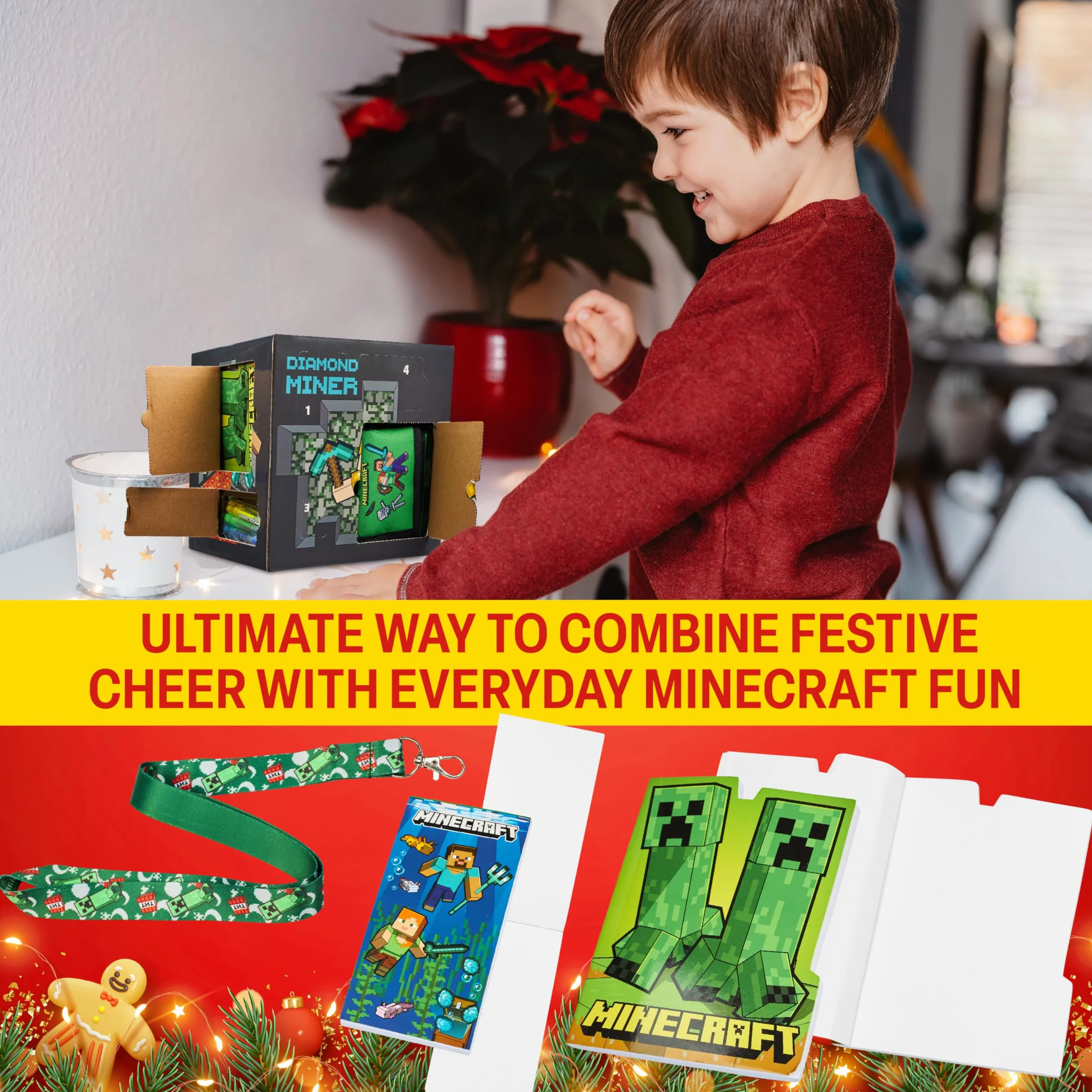 Minecraft Kalendarz adwentowy 2025 dla chłopców z 24 przedmiotami, artykuły pa, ołówki, notebooki, prezenty świąteczne dla graczy, czarna kostka