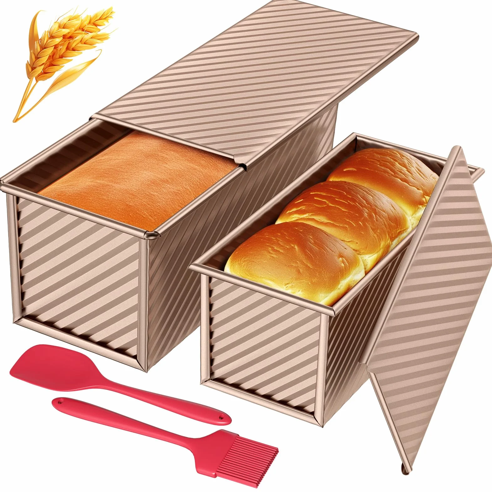 Zestaw form do pieczenia chleba, 4 sztuki, antyklejące formy do tostów z pokrywkami, forma do pieczenia chleba na tosty i ciasta (różowe złoto)