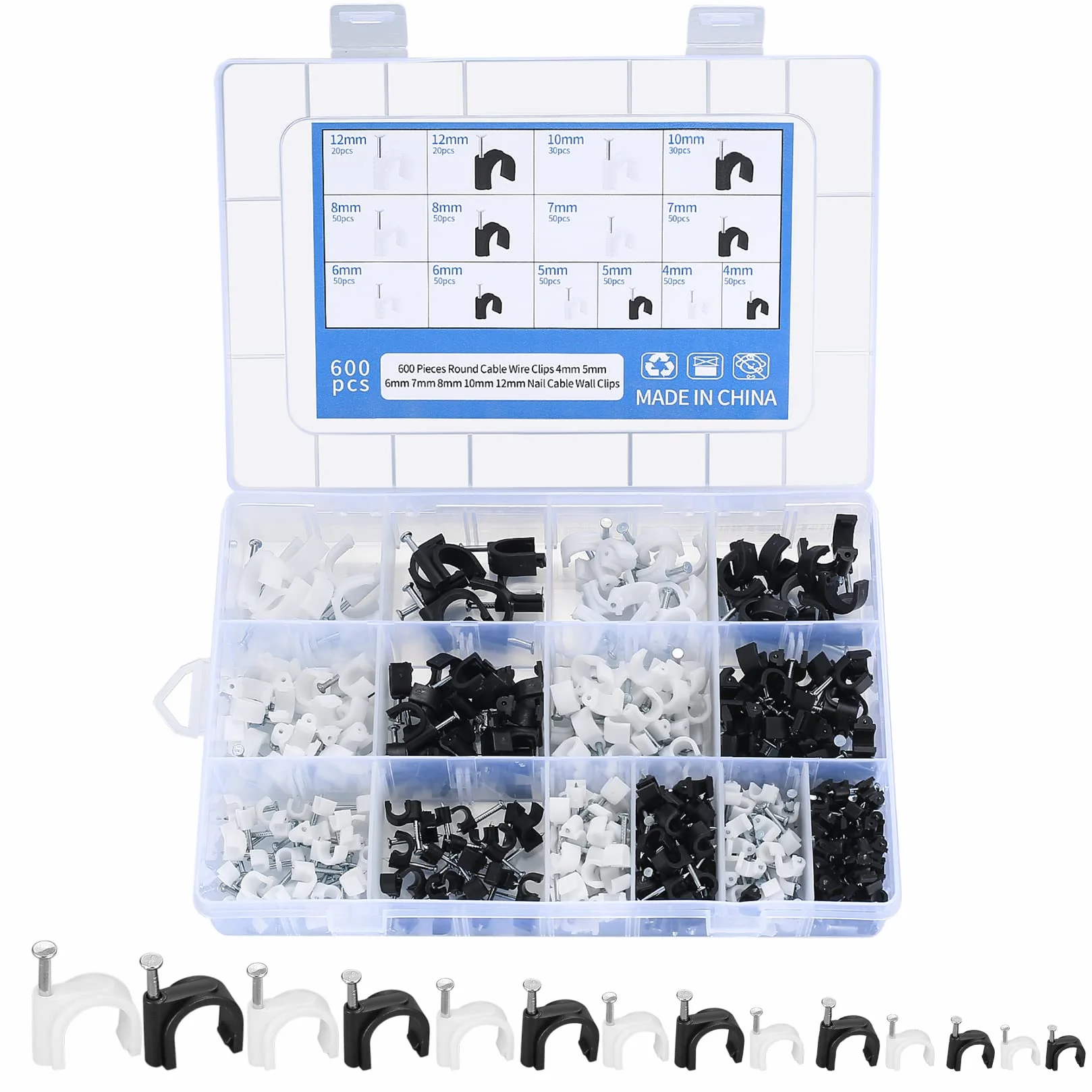 Okrągłe zaciski do kabli, 600 sztuk, obejmy kablowe z gwoździami, klipsy ścienne do kabli Ethernet, kabel do telefonu - czarny, biały, 4 mm/5 mm/6 mm/7 mm/8 mm/10 mm/12 mm