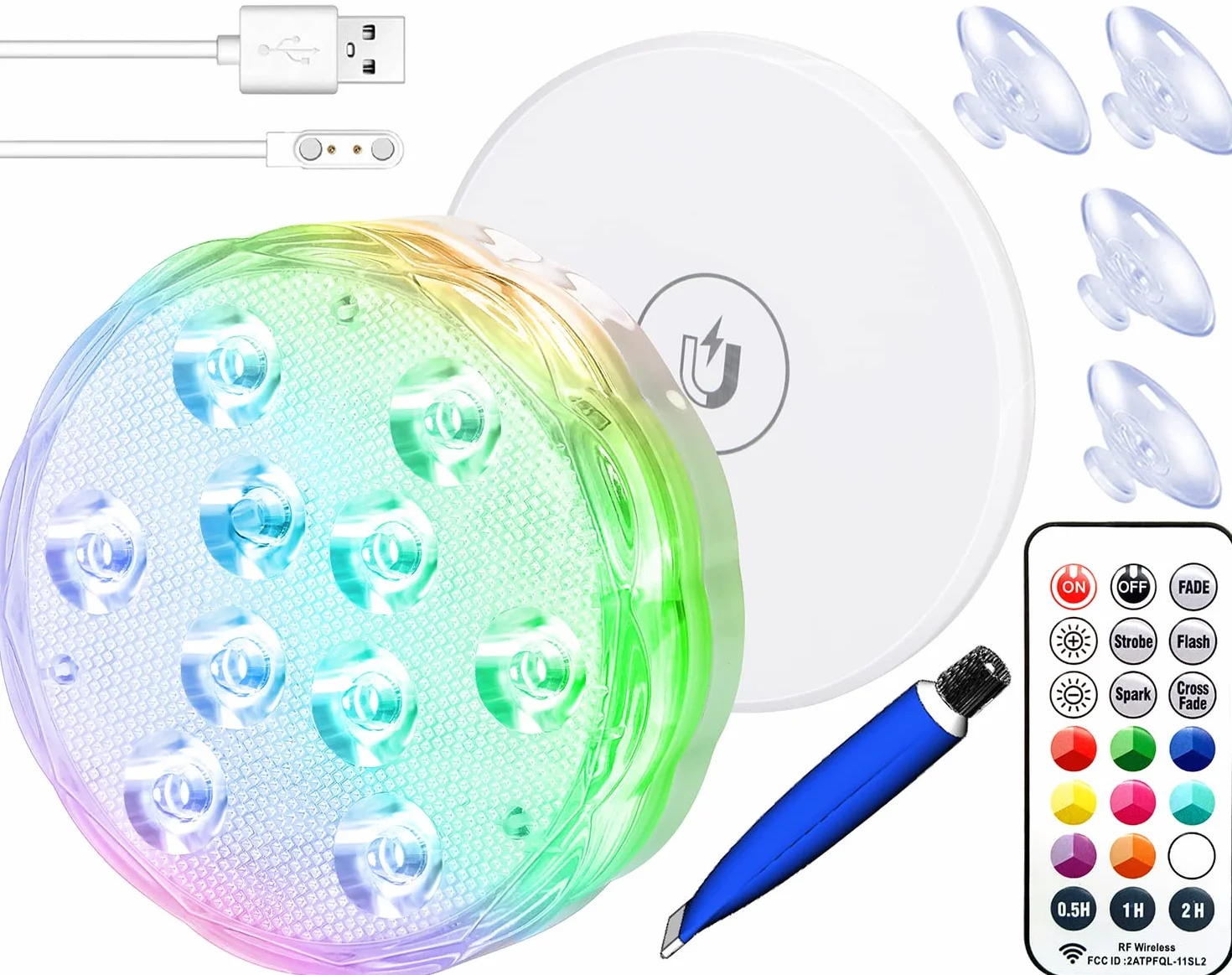 Qoolife USB Rechargeable Underwater Light Wireless Signal WRGB 3.3" Magnetic Colourful LED Submersible Lights for Bathtub, Aquarium, Pool, Pond, Decor, Spa, Christmas -1 sztuka