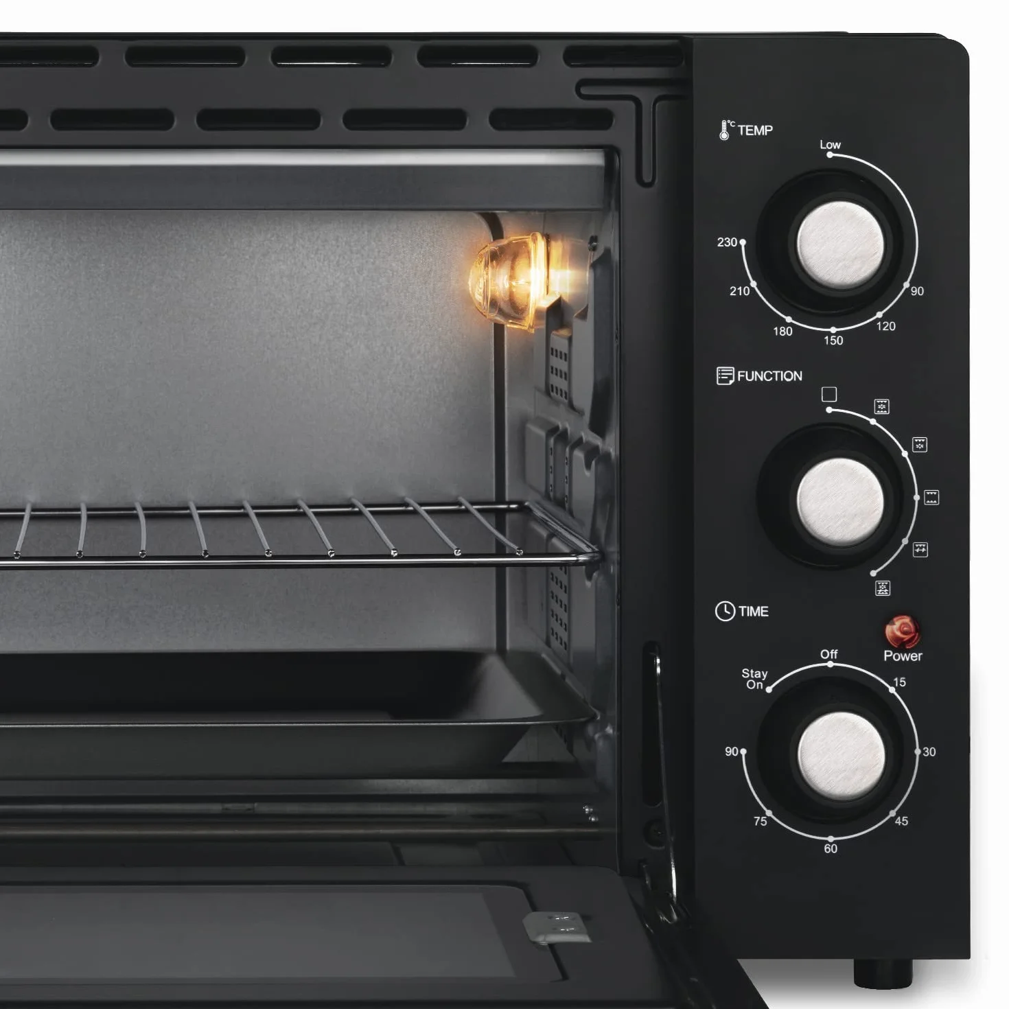 Kompaktowy mini piekarnik FO42 H.Koenig, pojemność 42L, temperatura do 230°C, 5 trybów gotowania, timer do 90 min, ciepło obrotowe/pieczone, z szczypcami, podnośnikiem okruchów i gramofonem, 2000 W