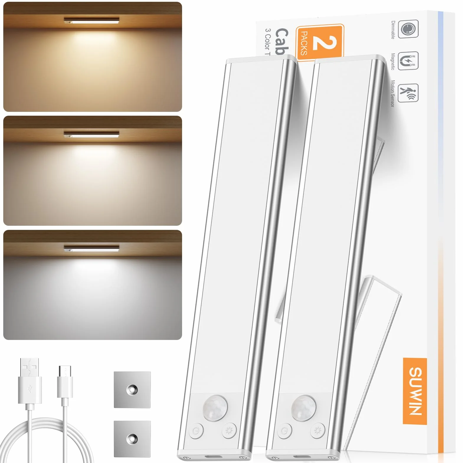 Oświetlenie LED Kuchnia z czujnikiem ruchu, ściemnialny pasek LED kuchnia z 3 trybami koloru, USB ładowalna lampka do szafki kuchennej, szafy, schodów, korytarza, garażu (2 sztuki)