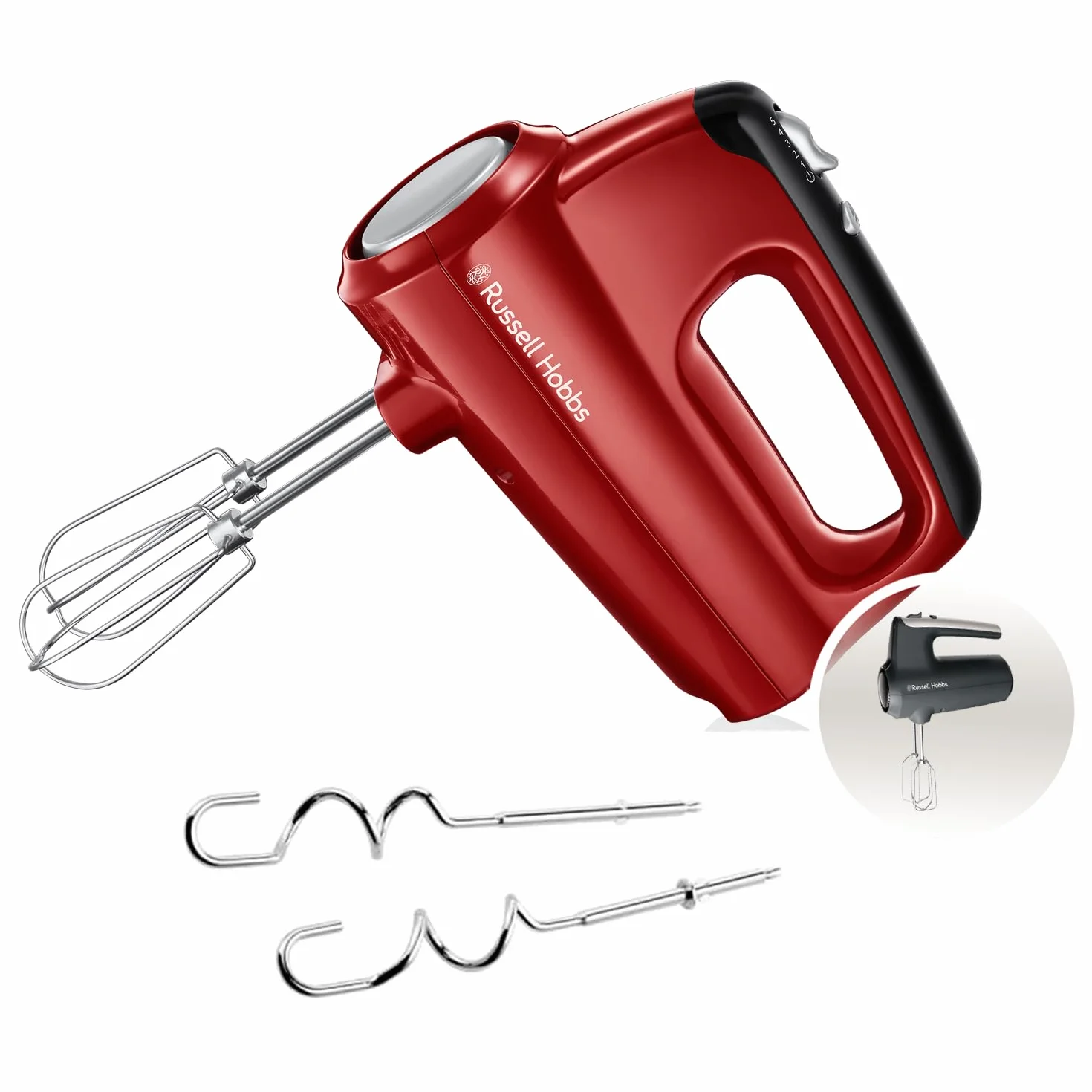 Russell Hobbs mikser ręczny, 5 ustawień prędkości+pulsacyjna, chromowane końcówki, ubijanie i ugniatanie ciasta, możliwość ustawienia na podstawie, moc 350W, czerwony, Desire 24670-56