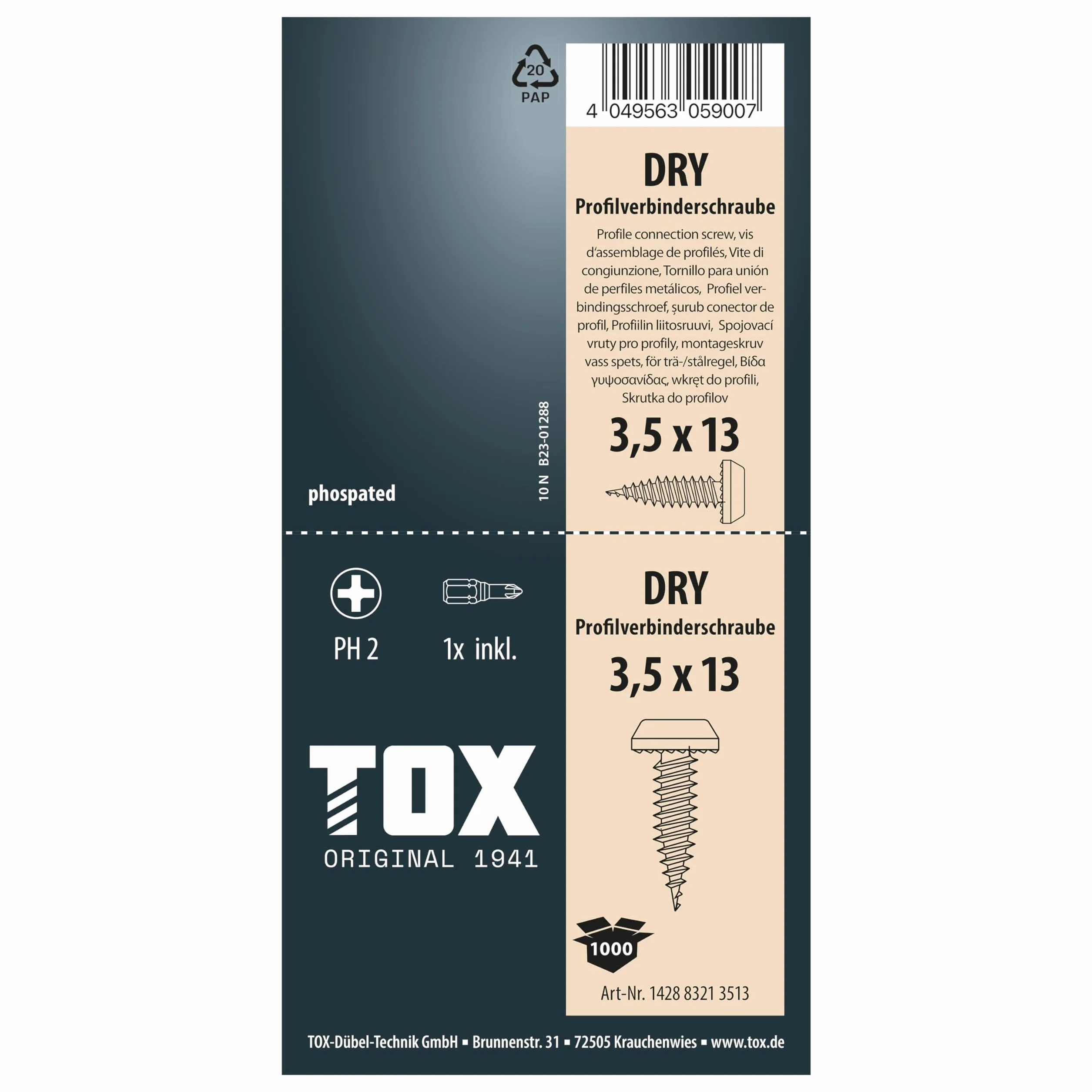 TOX Śruby łączące profilowe DRY PV 3,5 x 13 mm, wkręty czarne fosforanowane z panhead + drobny gwint, do łączenia profili CW lub blach, PH2, 1000 sztuk, w zestawie 1 x bit, 142883213513