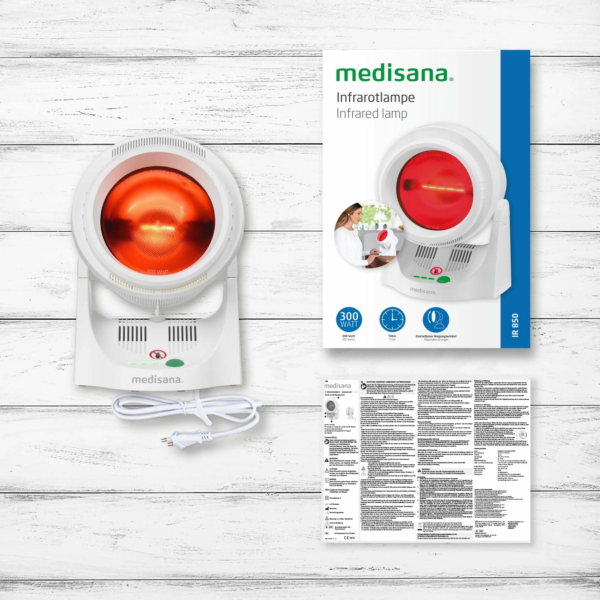 Medisana IR 850 Lampa cieplna na podczerwień 300 Watt, lampa na podczerwień poprawiająca samopoczucie, promiennik ciepła do rozluźnienia mięśni z funkcją timera i ochroną przed promieniowaniem UV