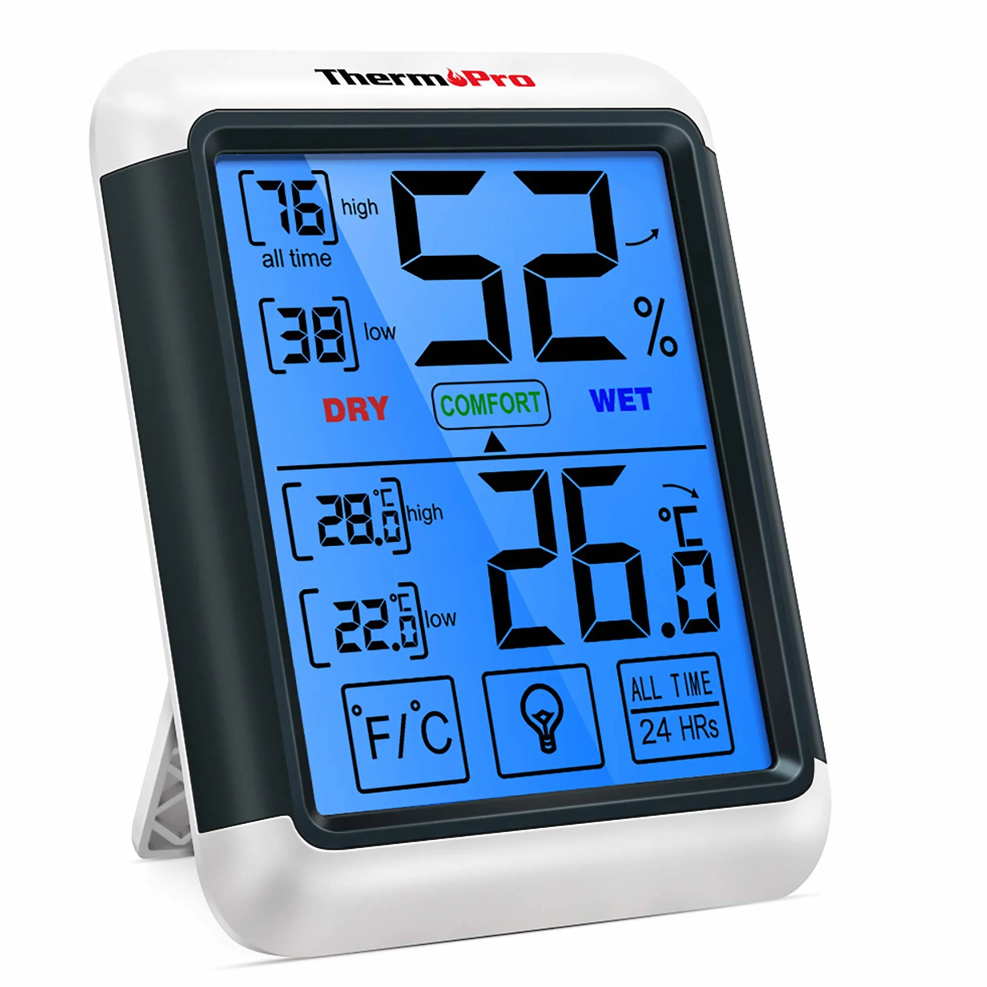 ThermoPro TP55 Cyfrowy termometr pokojowy Monitor temperatury i wilgotności z 24-godzinnymi zapisami wartości maksymalnej i minimalnej temperatury i wilgotności z dużym podświetlanym ekranem dotykowym