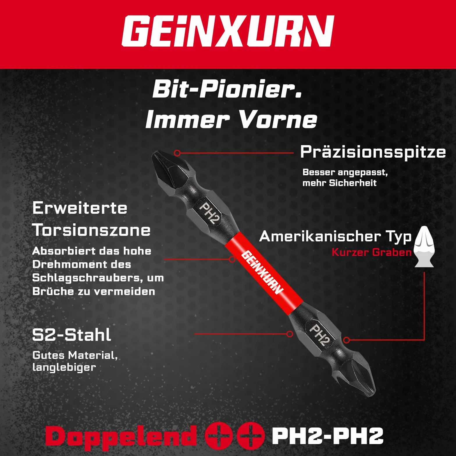 GEINXURN 10-częściowy zestaw bitów PH2/PH2 z rowkiem krzyżowym, odporny na uderzenia, podwójny zestaw bitów 65 mm #2 Phillips, magnetyczny, ze stali S2, z pudełkiem do przechowywania