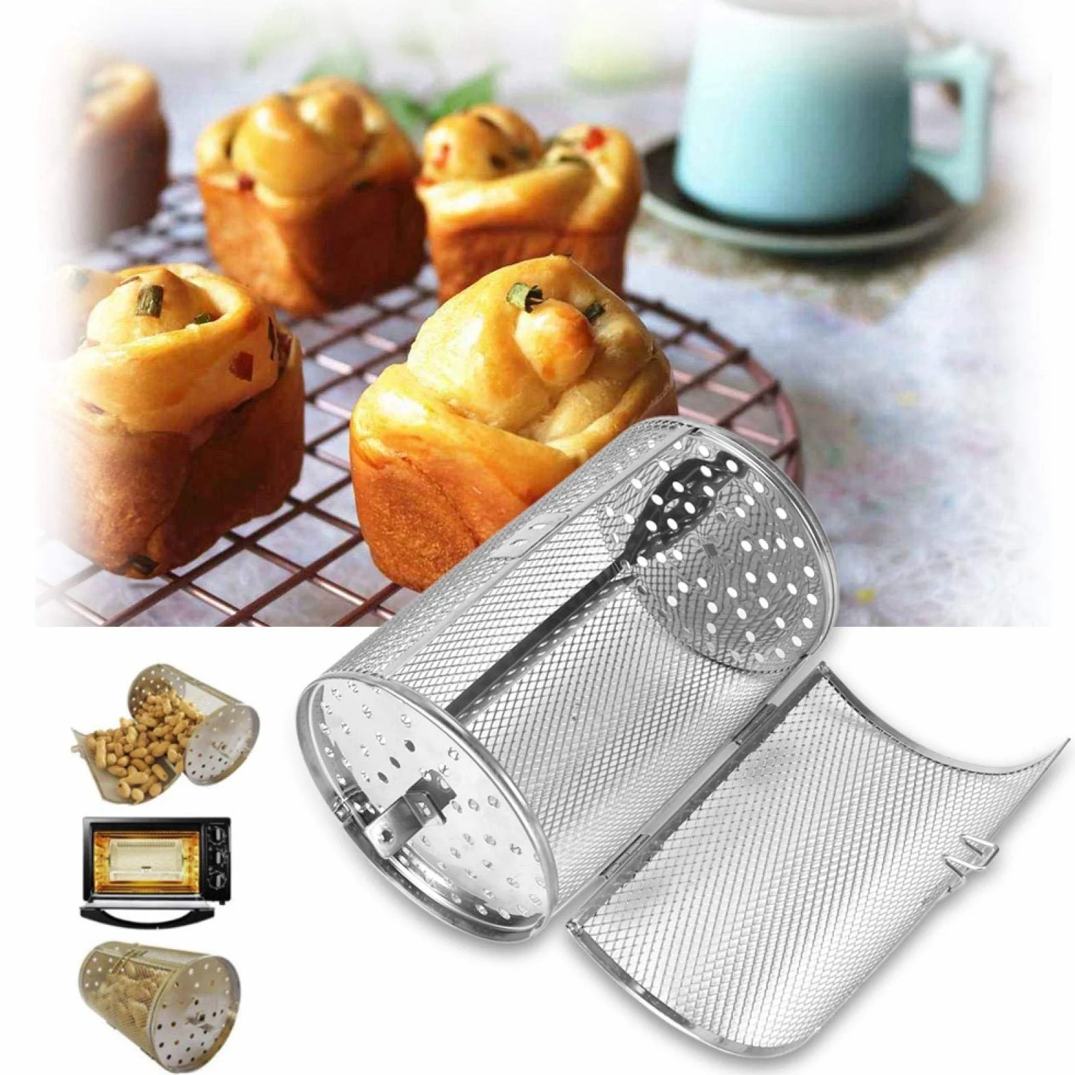 Stal szlachetna Barbecue Shop naczynia do pieczenia Rotisserie kosz do kuchni domowej ziarna kawy grill bębenek do pieczenia nakrętka do pieczenia pieca kosz orzecha ziemnego 12 x 18 cm