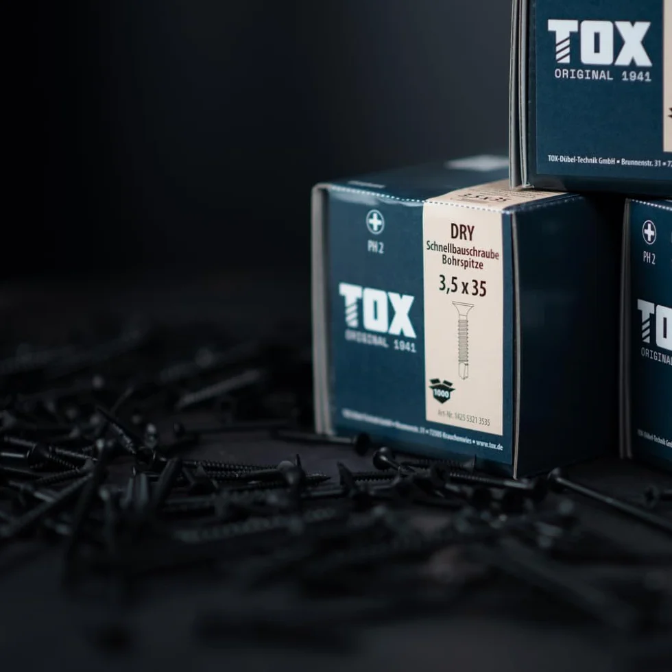 TOX Wkręty do szybkiego montażu DRY FG 3,9 x 35 mm, śruby czarne fosforanowane z głowicą trąbki + drobny gwint, płyta gipsowo-kartonowa na metalowej konstrukcji podłoży, PH2, 1000 sztuk, w zestawie 1