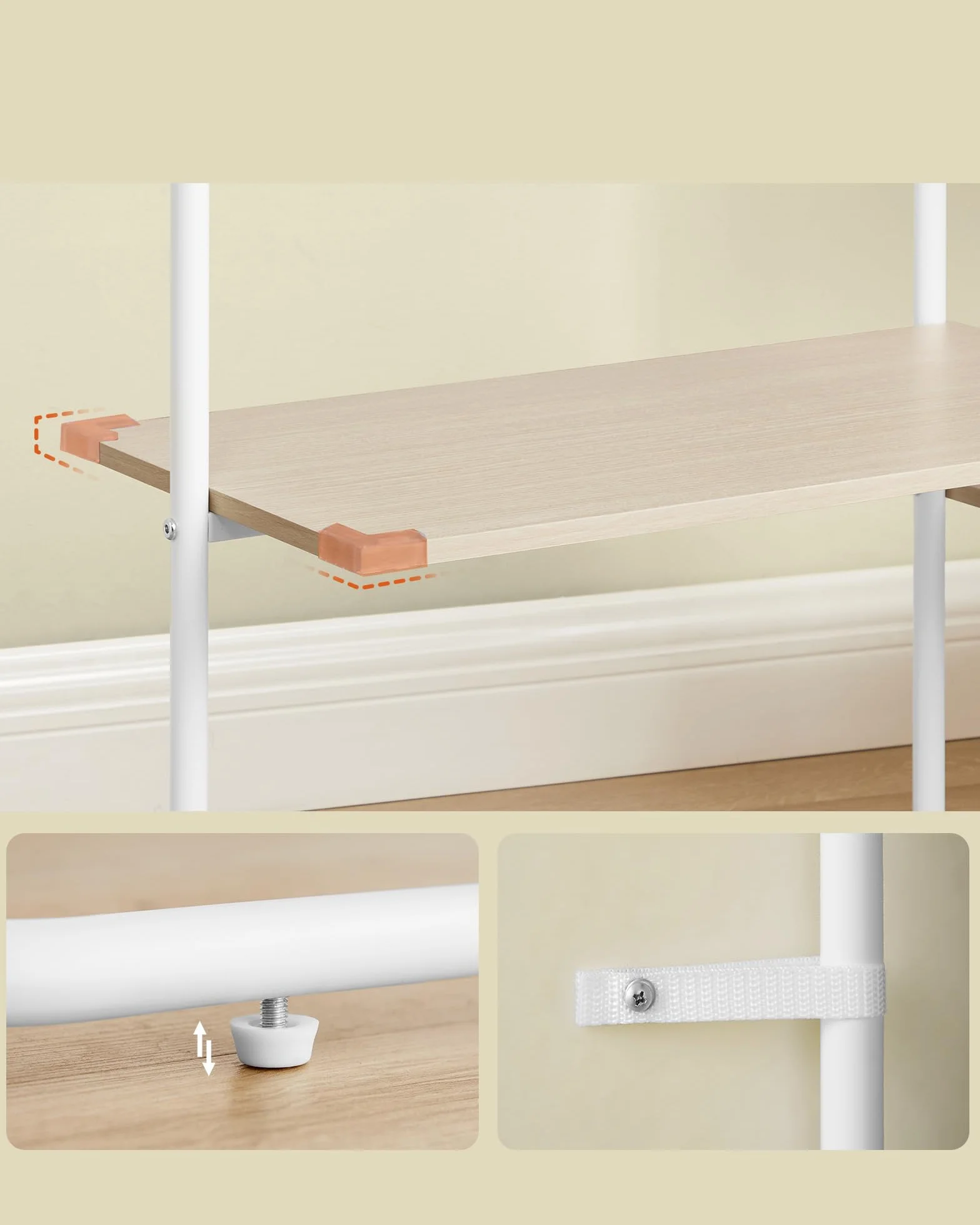 SONGMICS HOME Wieszak na ubrania, otwarta szafa, wieszak na ubrania, 6 półek, 2 drążki na ubrania, wieszaki zapałkowe, do sypialni, naturalny beż-matowa biel RGR012K01