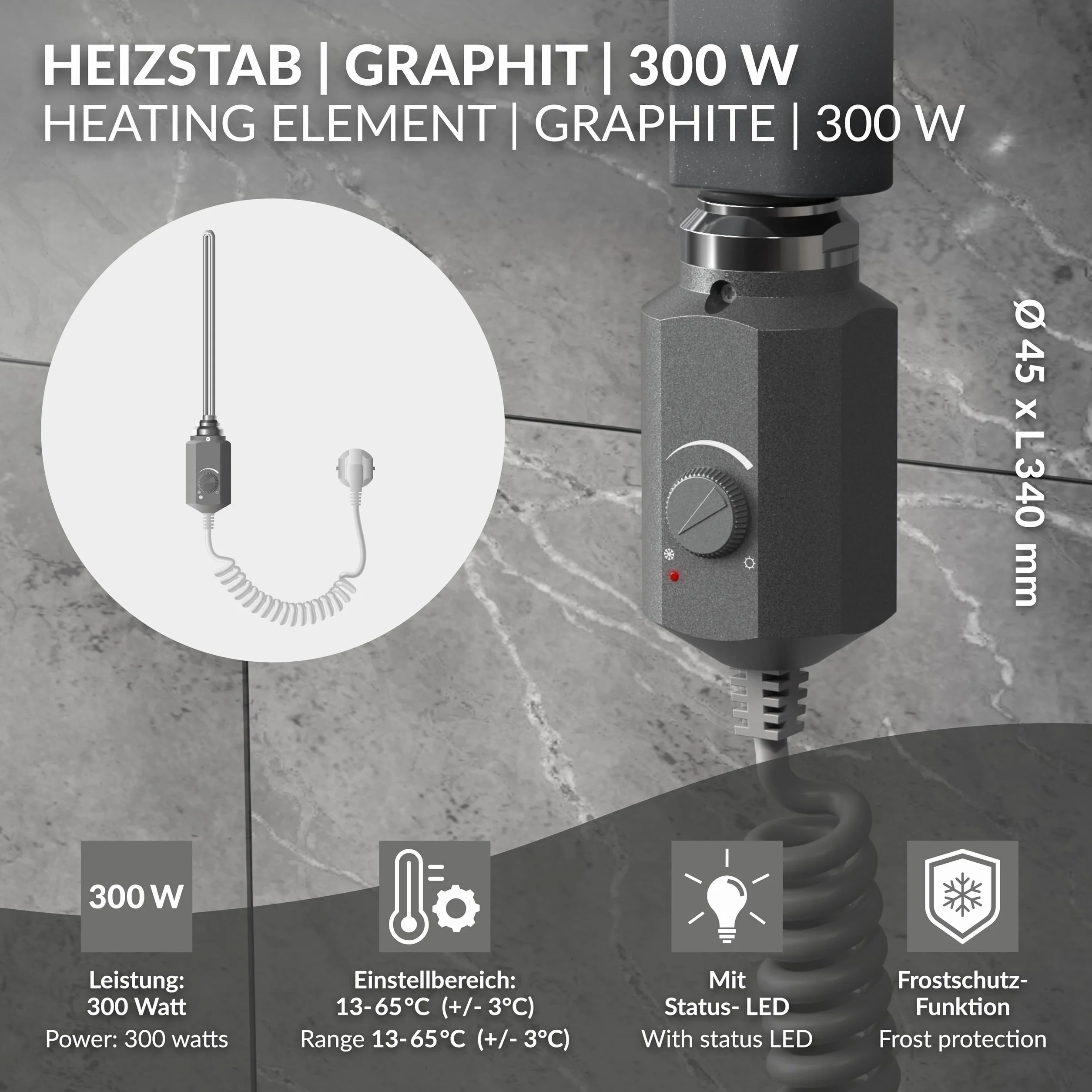 LuxeBath Element grzewczy 300W w kolorze grafitowym do grzejników lazienkowych wklad z termostatem elektroniczny regulator cieploty grzalka z wtyczka idealna do grzejników i suszarek na reczniki