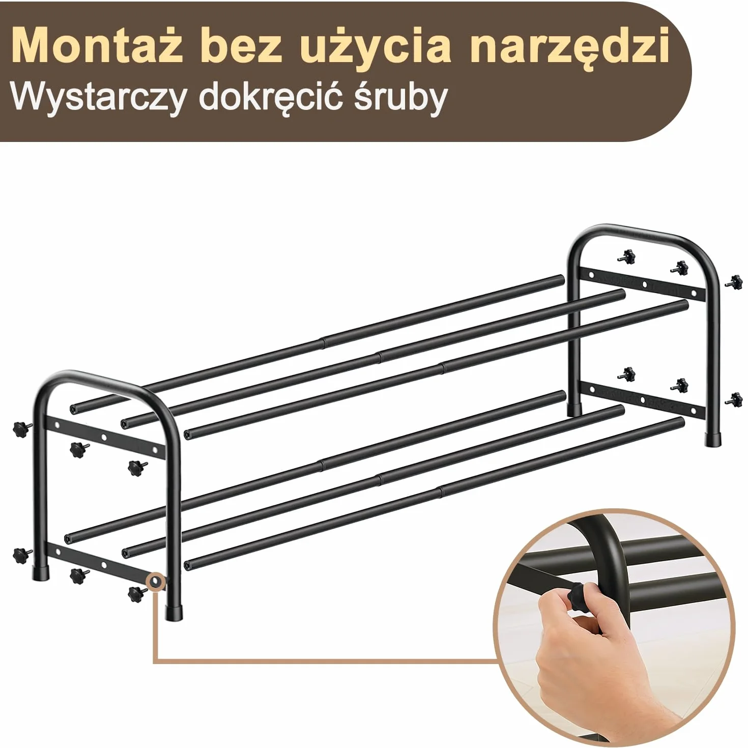 MIKOYO 2 Poziomowa Rozkładana Wąska Półka na Buty, Czarny Metal, Regulowana Szerokość 43–78 cm, Stojak do Przechowywania Butów, Idealny do Szaf, Wąskich Przestrzeni, Przedpokoju, Korytarza, Sypialni
