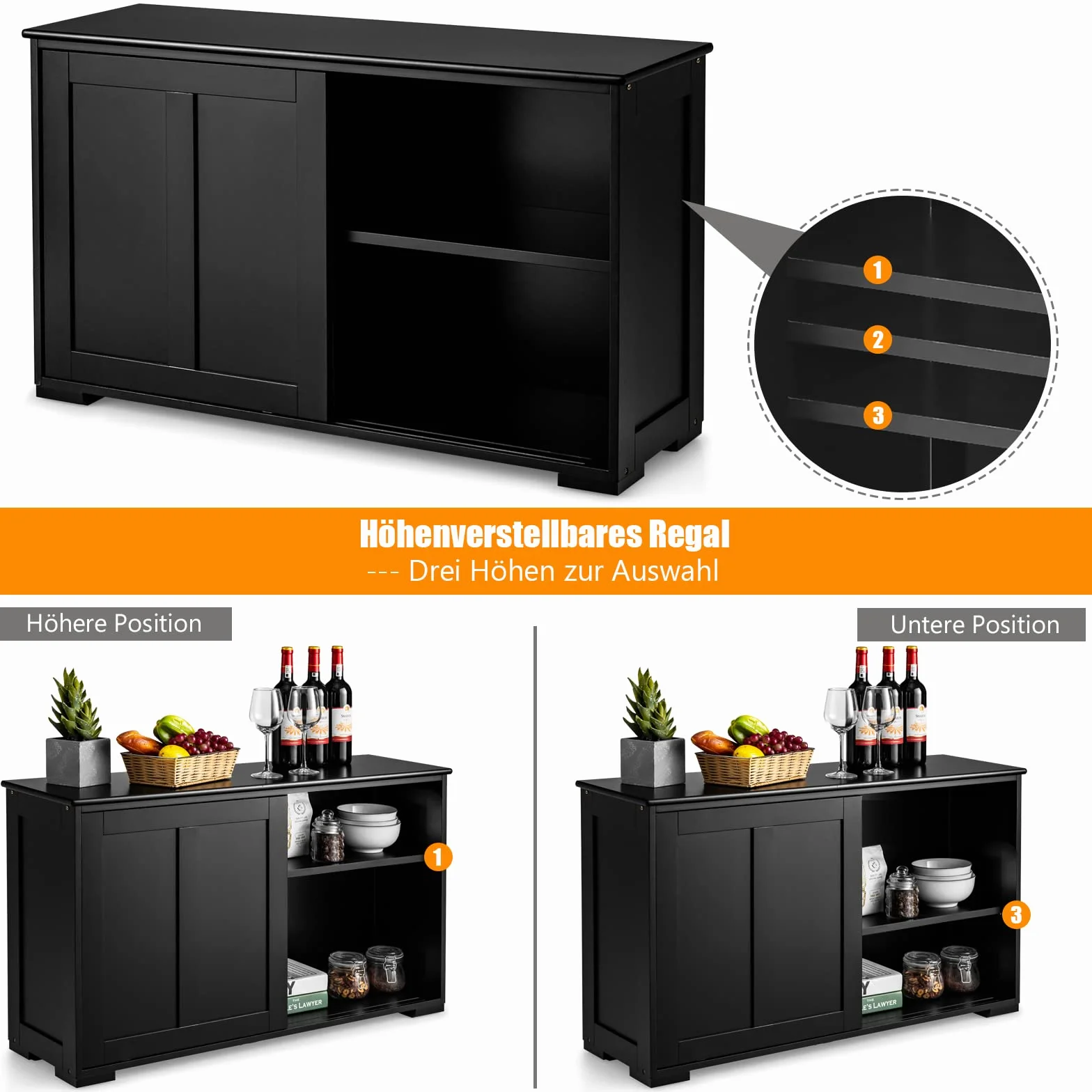 COSTWAY Kredens, szafka kuchenna z drzwiami przesuwnymi i regulowaną półką, szafka bufetowa, szafka do przechowywania, szafka pomocnicza do kuchni, jadalni, salonu, 107 x 33 x 60 cm, drewno, czarny