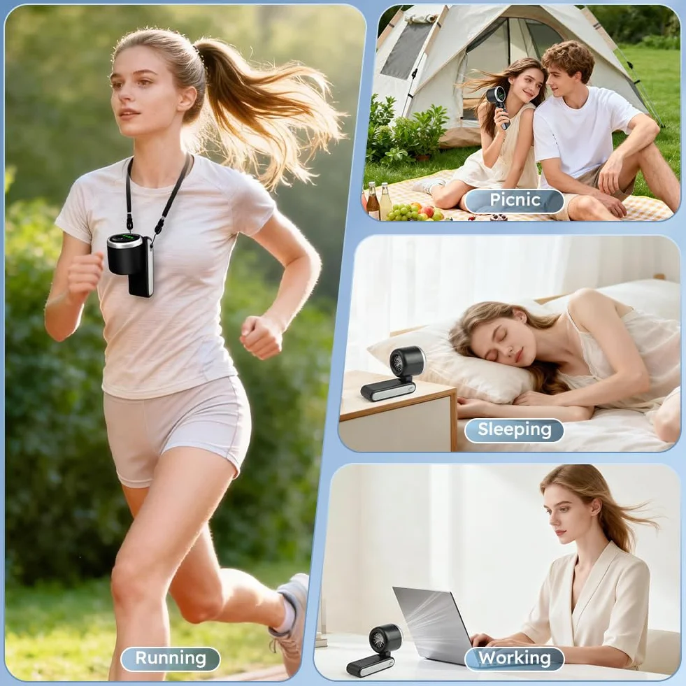 AUAUY Przenośny ręczny wentylator turbo, 5 regulowanych prędkości wentylatora, ręczny wentylator biurkowy 3 w 1, ładowanie USB-C 3600 mAh, składany wentylator biurkowy LED o 180°, do podróży, na