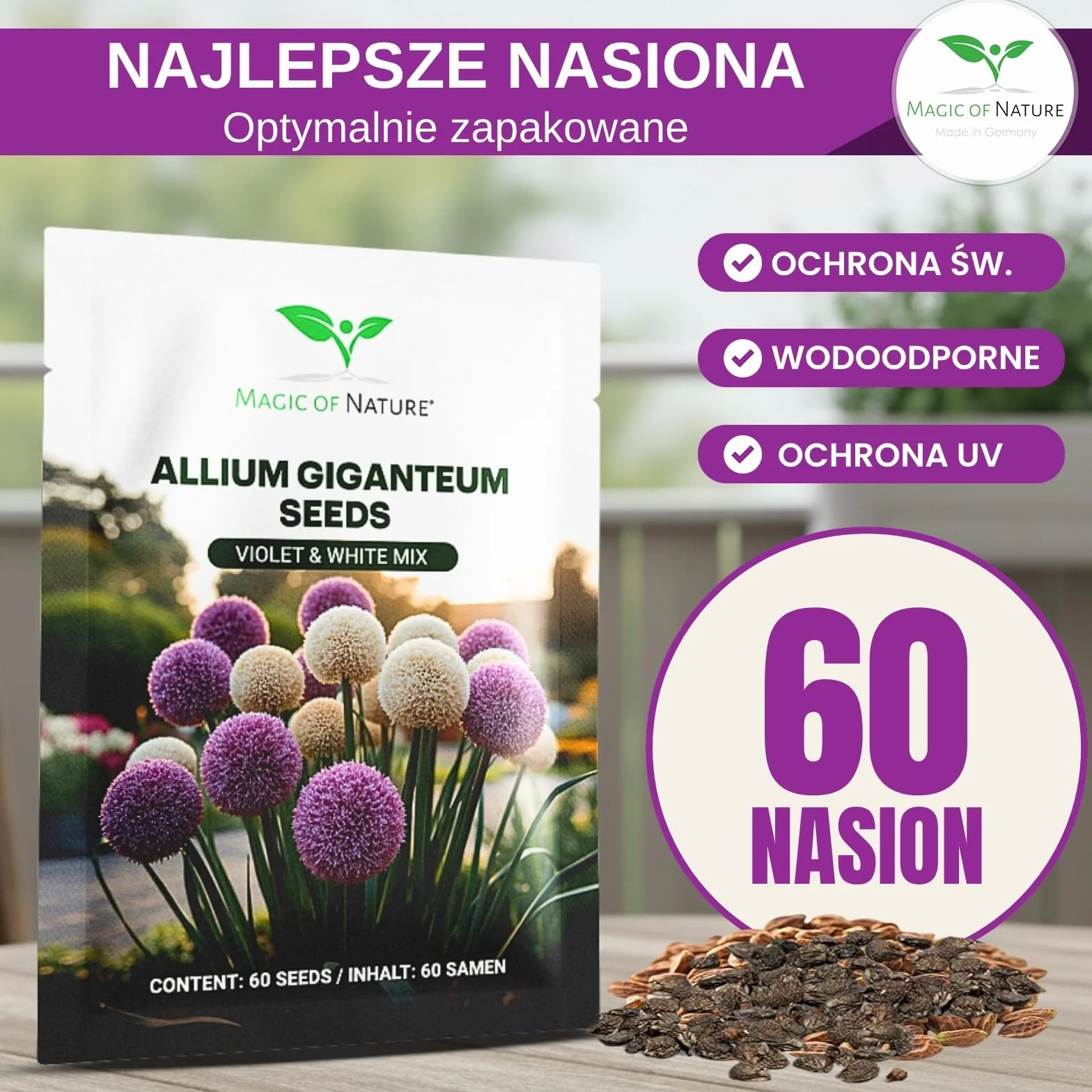 Magic of Nature: Czosnek Olbrzymi Nasiona (60 szt.) Allium giganteum Mix Fioletowy i Biały – Mrozoodporne Nasiona Ogrodowe