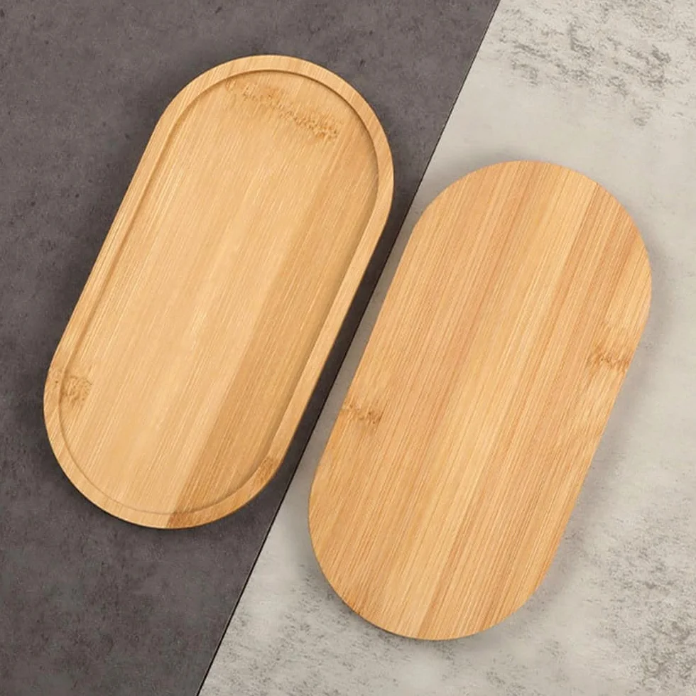 4-częściowy zestaw owalnych tacek drewnianych – małe bambusowe tace na podstawki, sushi, kawę, ciasta i przekąski, 17,5 x 8,8 x 1 cm