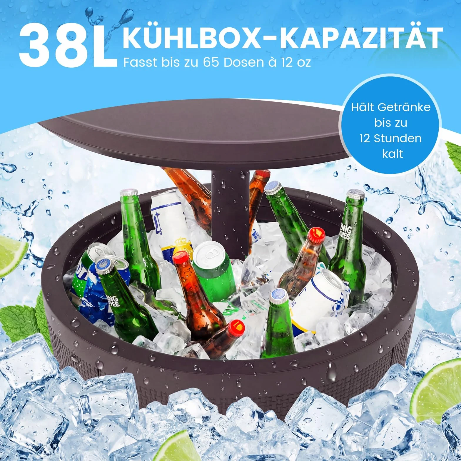 COSTWAY Cool Bar, stół chłodzący do użytku na zewnątrz, odporny na warunki atmosferyczne, 38 l, stolik pomocniczy z pokrywą podnoszącą, na imprezę, do ogrodu, na taras (brązowy)
