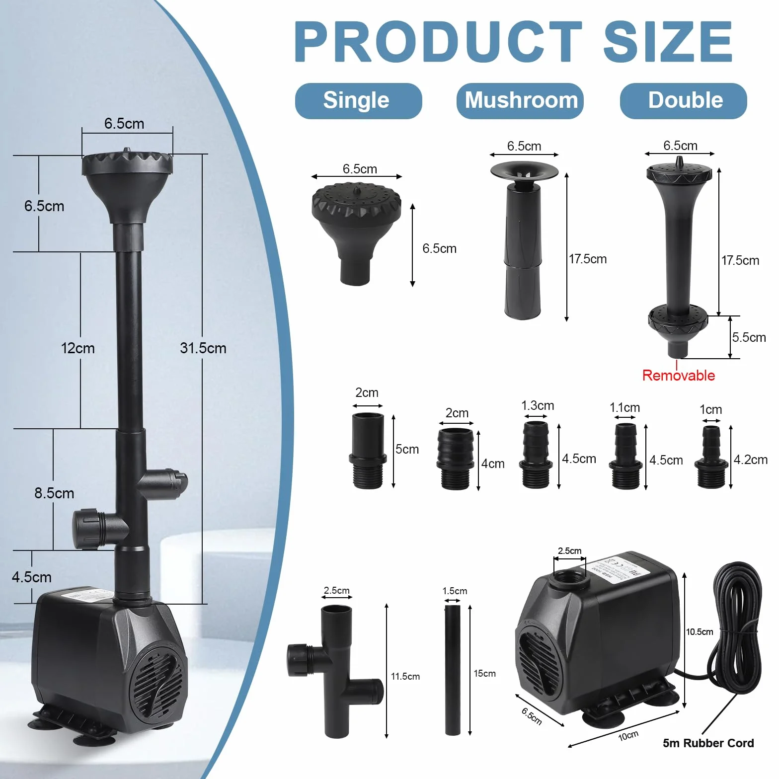 EXLECO pompa do oczka wodnego, 2500 l/h, 45 W, 2,5 m, 4 dysze, 3 style fontanny, metalowa pompa dekoracyjna do fontanny, fontanny, zbiornika, filtr do akwarium