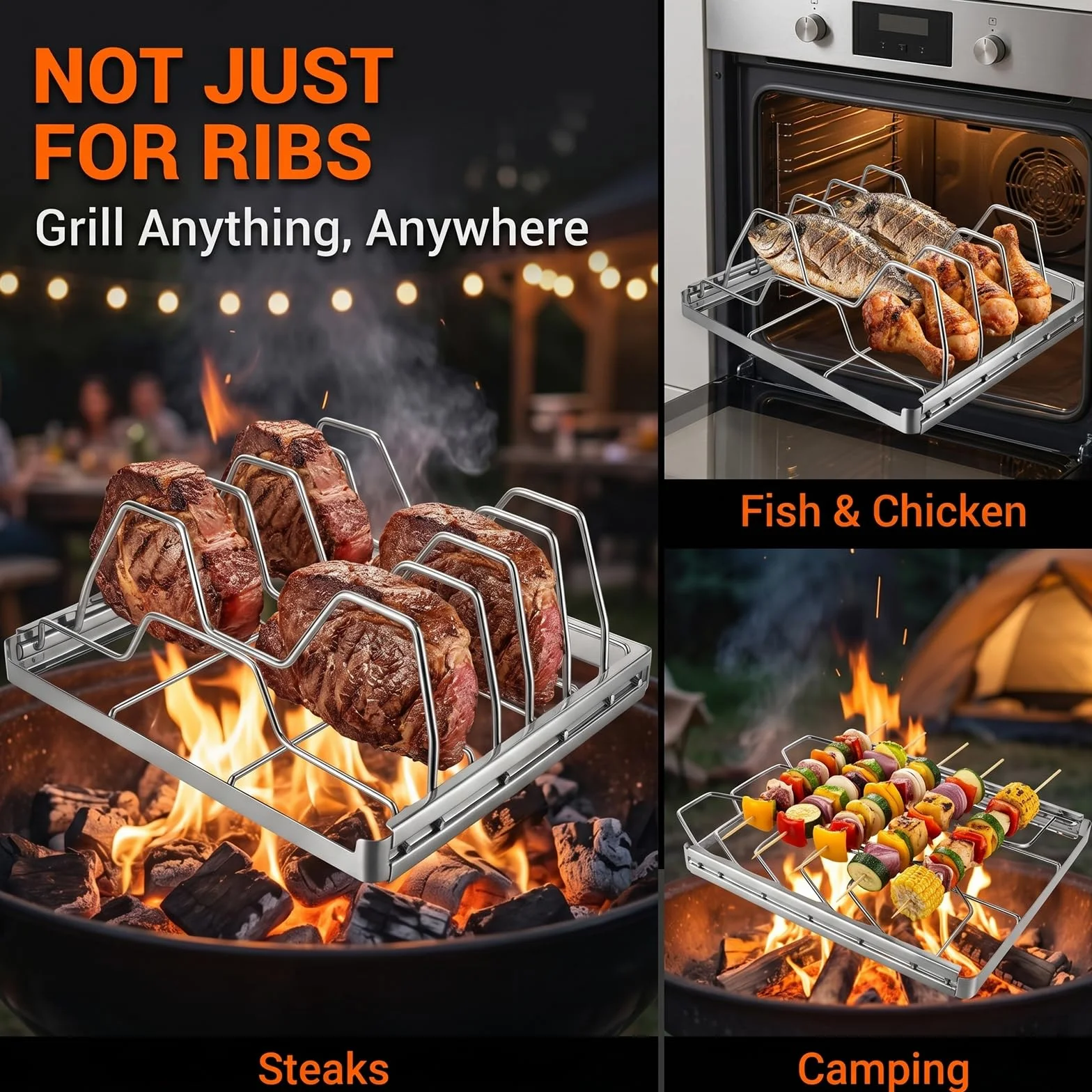 Stojak żeberkowy do grilla, uchwyt żeberkowy ze stali nierdzewnej do grillowania i wędzarni, akcesoria do grilla gazowego, grill węglowy, kuchnia na świeżym powietrzu i grill