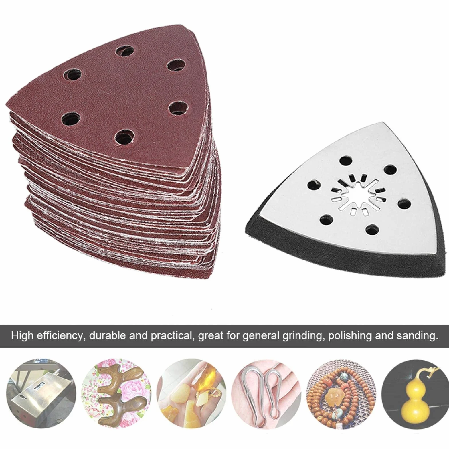 Tr¨®jk?tna podk?adka szlifierska z 6 otworami, 60 szt. papier ?cierny Multitool do drewnianej sk¨®ry gumowej, tarcze szlifierskie, narz?dzia do polerowania oscylacji, uchwyt na podk?adk?