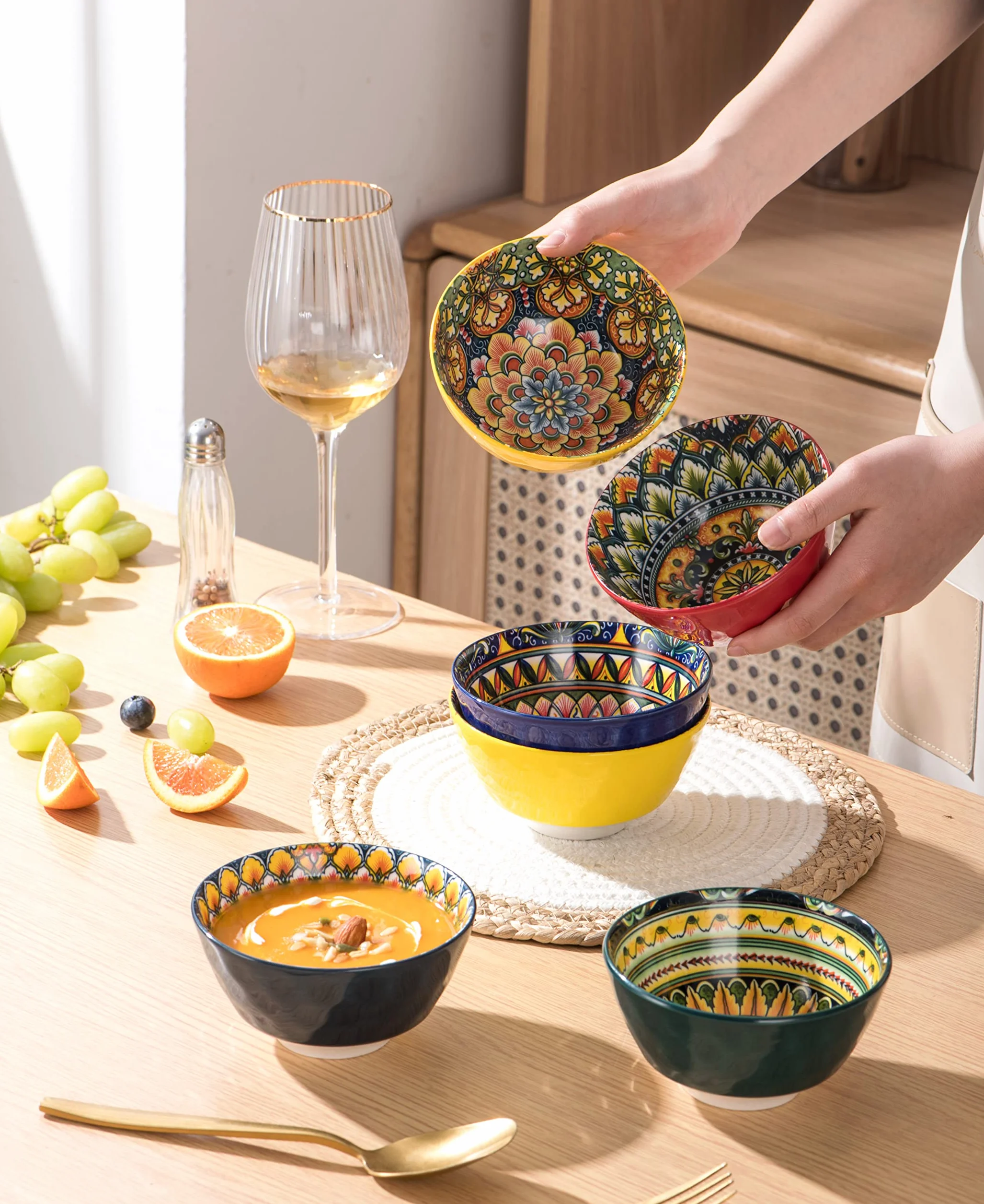 Henten Home Miski do zupy, zestaw 6 porcelanowych misek, 350 ml, do serwowania potraw na deser, zupę, płatki kukurydziane, lody, serwis stołowy w stylu boho, wielokolorowe