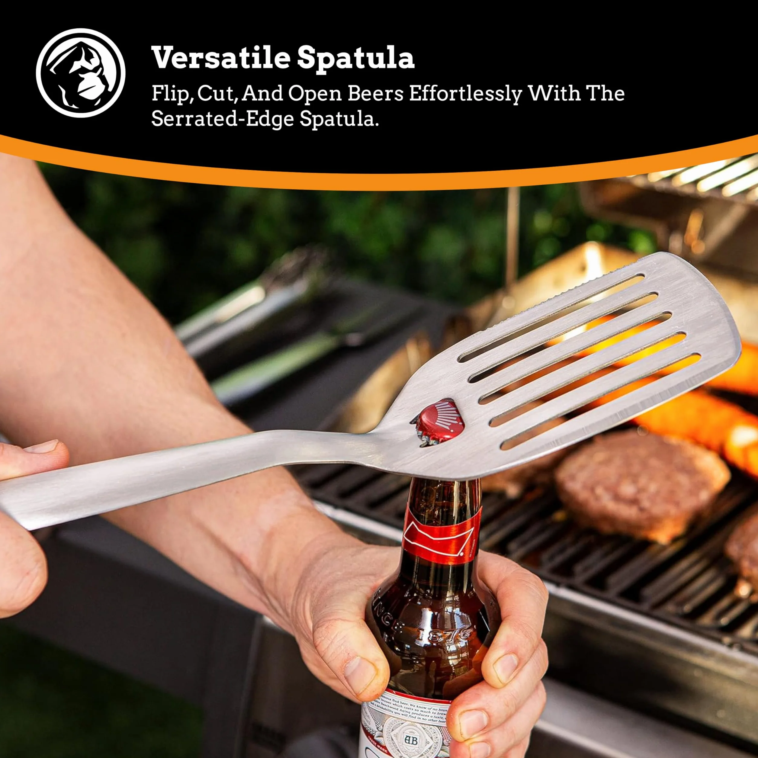Mountain Grillers Zestaw narzędzi do grillowania – 3-pak przyborów do grillowania, trwałe akcesoria do grilla ze stali nierdzewnej, wyposażone w zamykane szczypce, szpatułkę z otwieraczem do piwa i