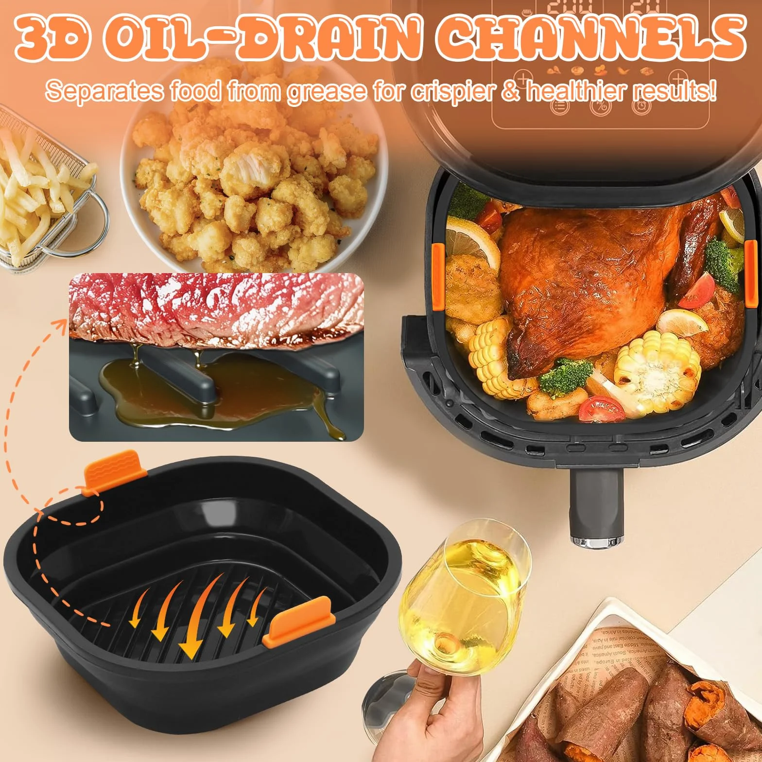 21cm Silikonowa forma do frytkownicy powietrznej [2 sztuki] – użytku i składana, można myć w zmywarce, akcesoria do frytkownicy powietrznej Ninja/Philips/COSORI/Tefal/Russell Hobbs/Cecotec/Princess