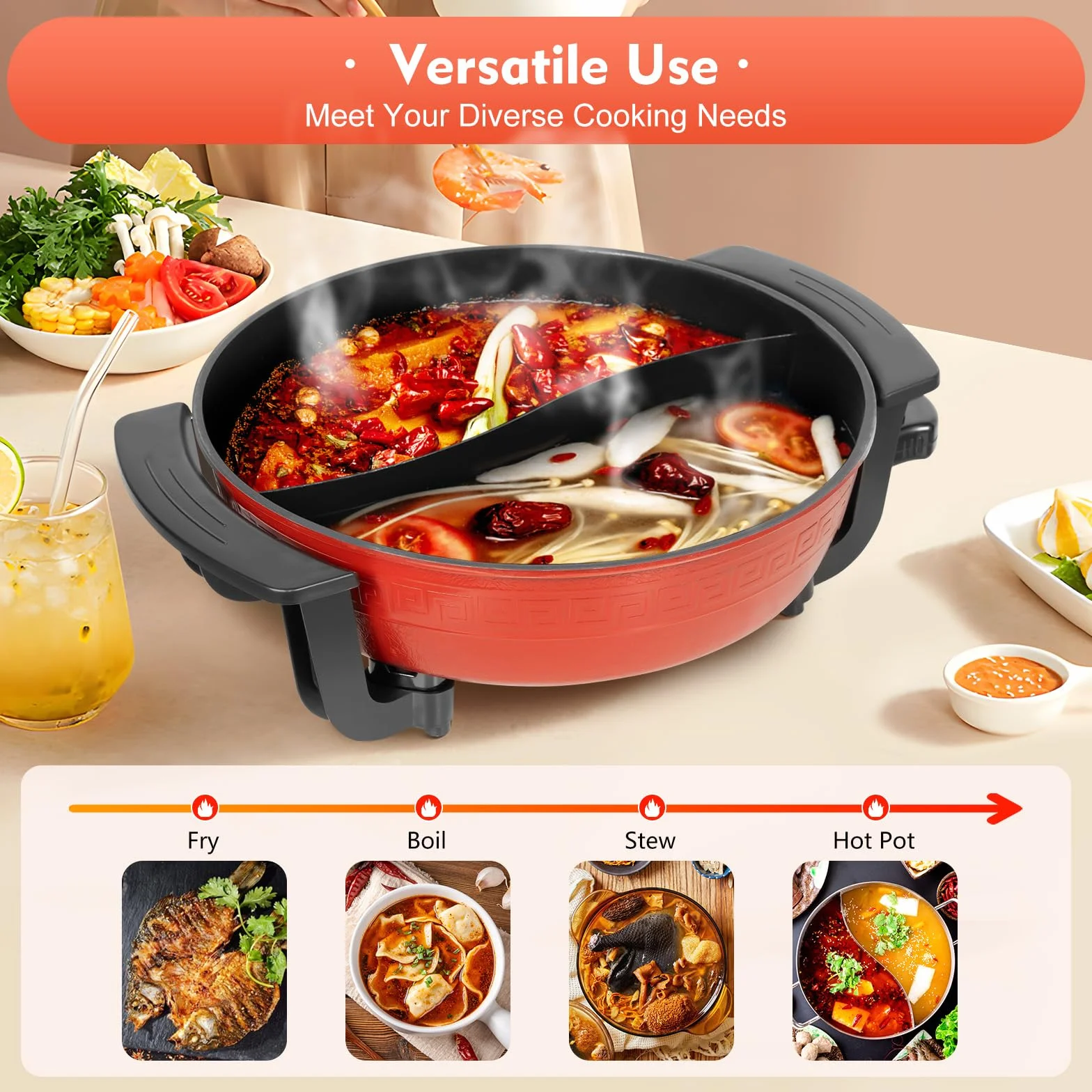 Elektryczny Garnek Hot Pot Twin 1300 W, 6 l, Yin Yang Hotpot, 2 Strony, Patelnia do Gotowania Stewpan, Płyta Kuchenna, Nieprzywierający