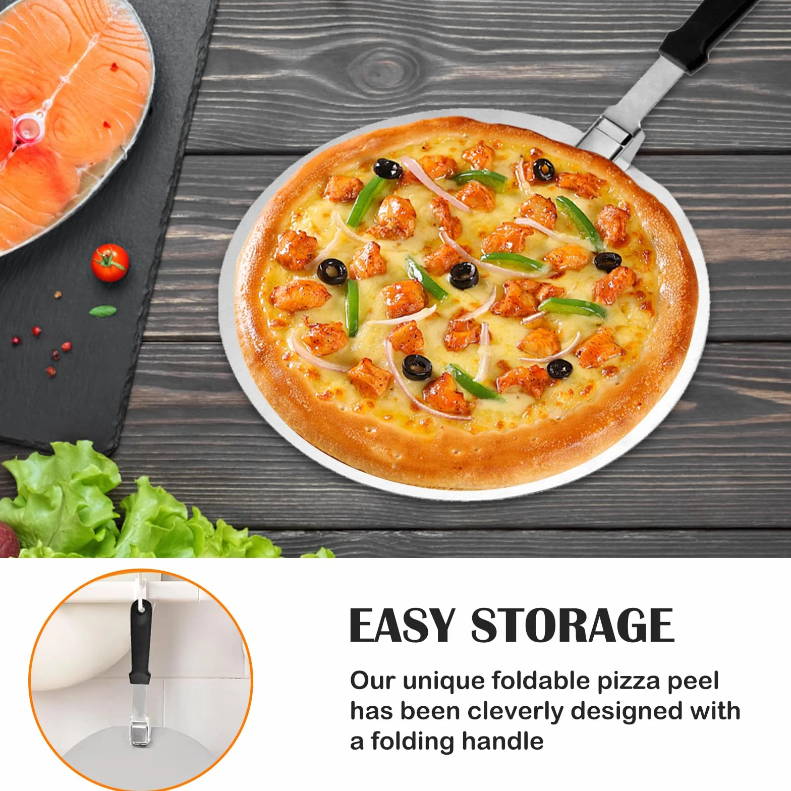 Łopatka do pizzy ze stali nierdzewnej, do grilla lub piekarnika, z praktycznym składanym uchwytem, okrągła łopatka do pizzy, 30,5 x 25,5 cm, do tarty i chleba