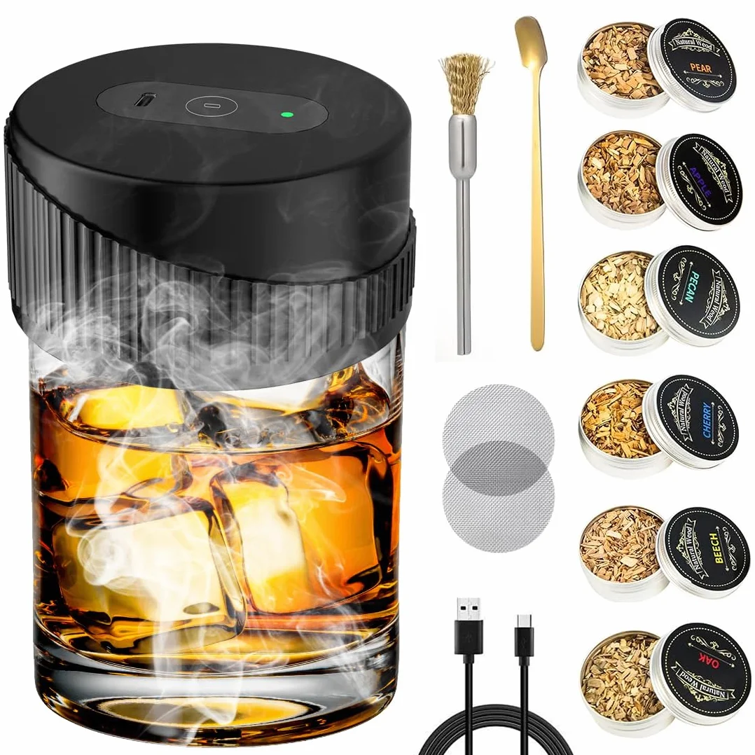 LOMUG Zestaw do wędzenia whisky, elektryczny zestaw do wędzenia koktajli z 6 drewnianymi wiórami, akcesoria do wędzenia whisky Old Fashioned na napoje i bourbon, kawa, mięso-orzech włoski, prezent dla