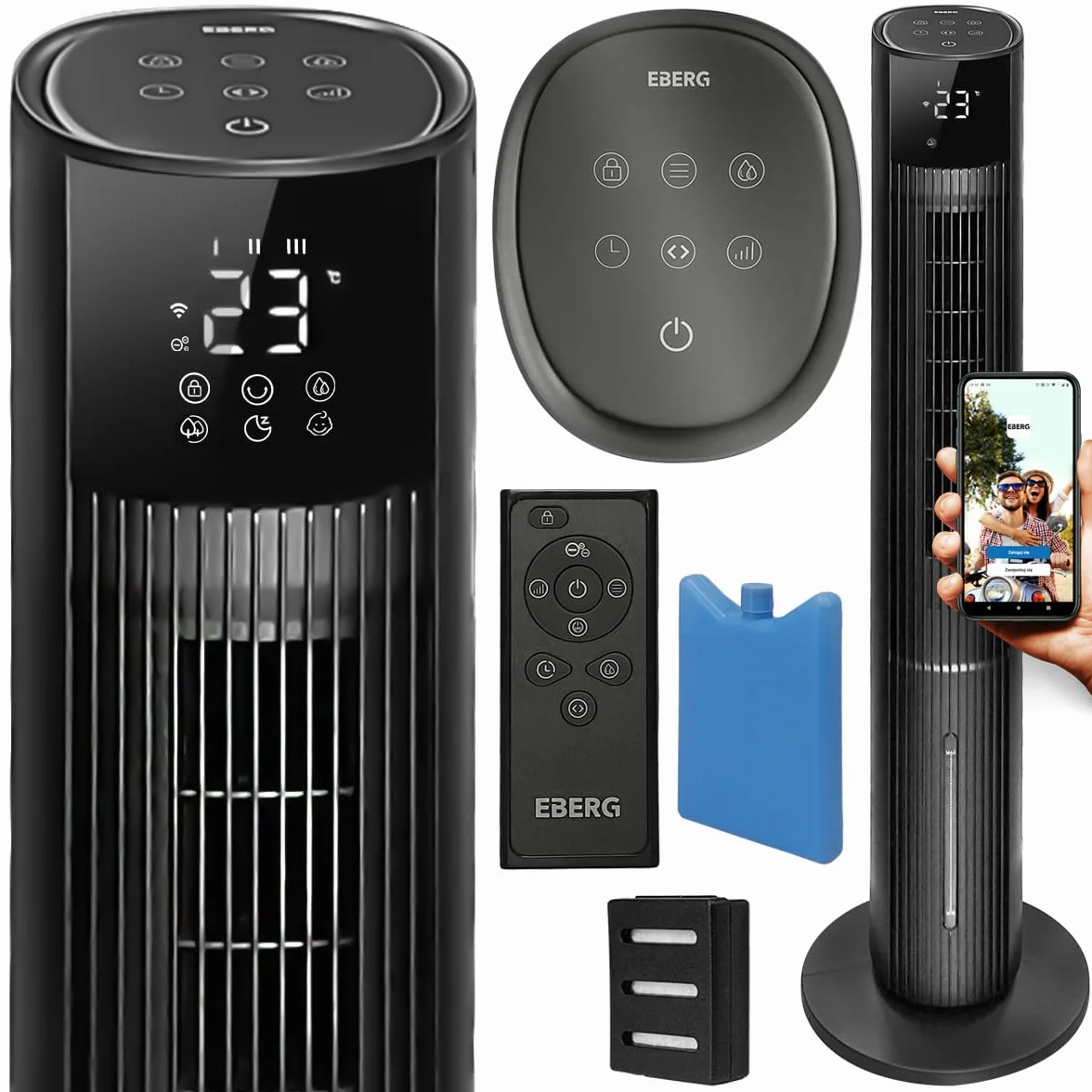 EBERG NEXO klimator wodny 6w1, klimatyzer przenośny WiFi, wentylator kolumnowy z jonizacją, nawilżacz powietrza, chłodzenie ewaporacyjne, antracytowy