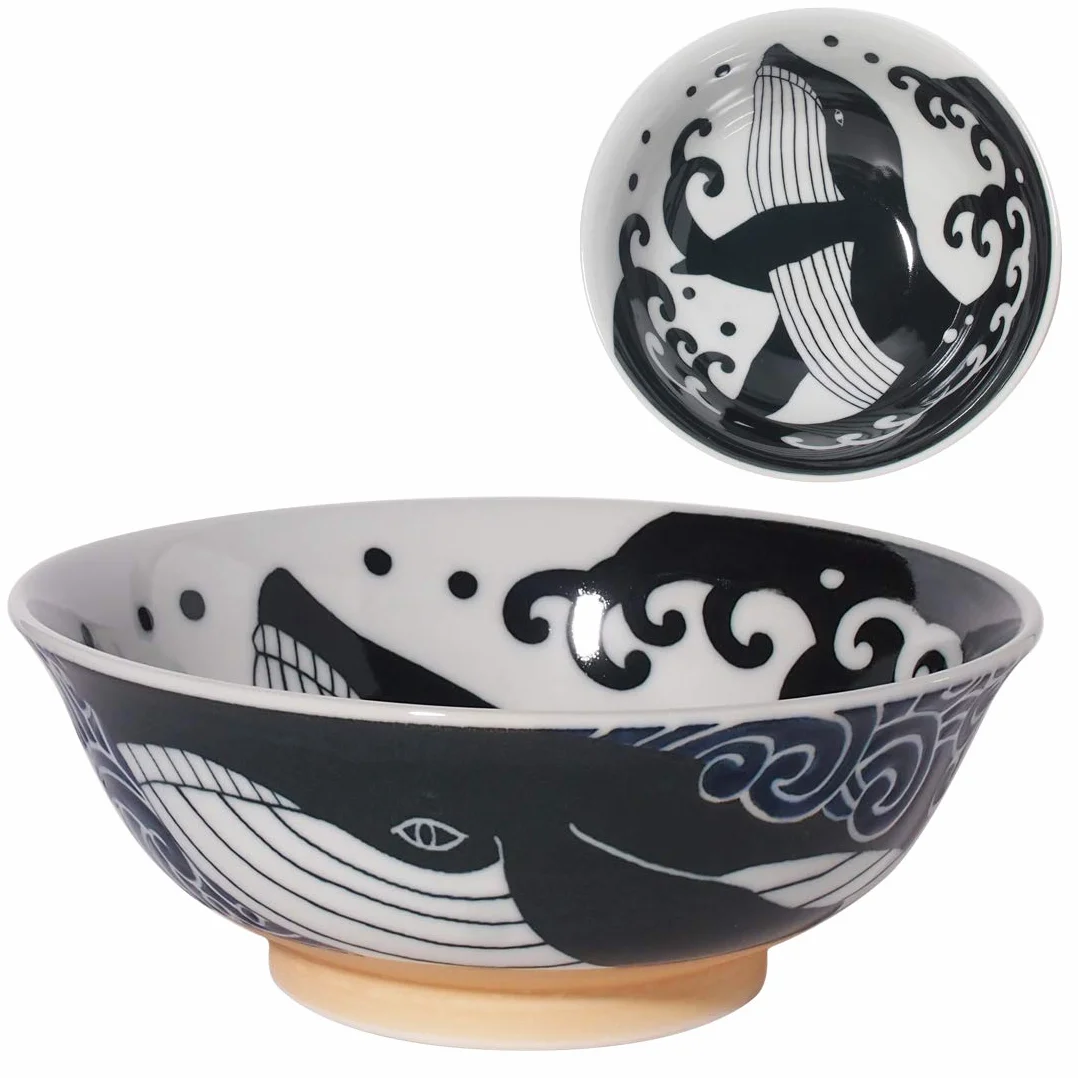 Japońska miska Ramen, ceramika Mino-Yaki, duży rozmiar 20,7 cm 1,1 l, wyprodukowana w Japonii, wieloryb czarno-biały 797678