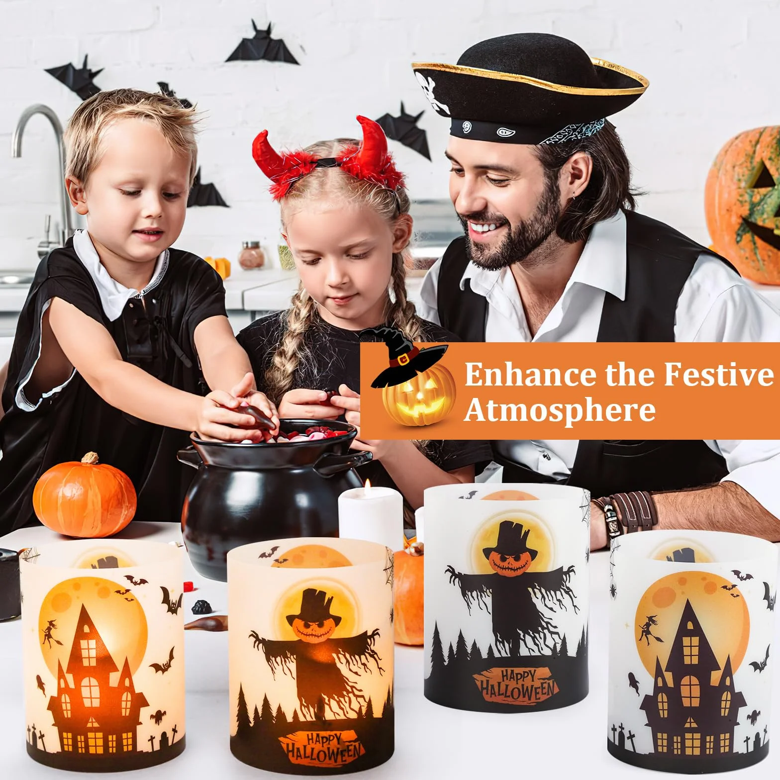 12 sztuk lampionów dekoracja stołu na Halloween, dekoracja stołu, nietoperze, czarownica, pajęczyny, zamki na Halloween, dekoracja świec, do wewnątrz i na zewnątrz