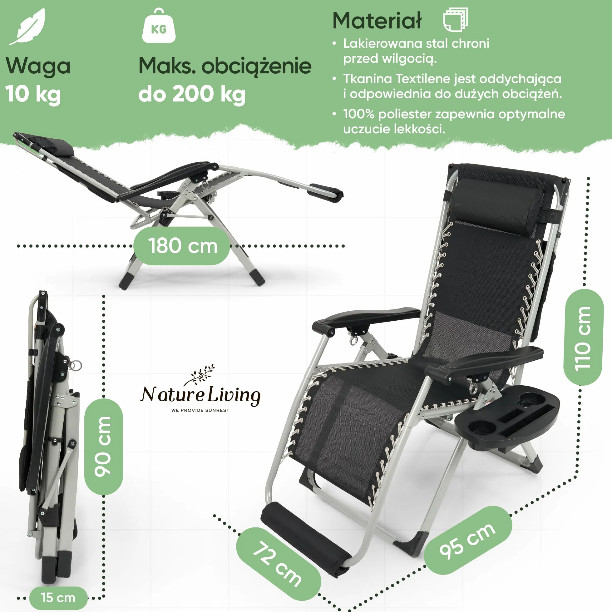 NatureLiving® Składany Leżak Ogrodowy – Solidny, Składany i Odporny na Warunki Atmosferyczne – Leżak z Daszkiem do Ogrodu i na Balkon, Leżak Outdoor Relax, Udźwig do 200 kg (czarny)