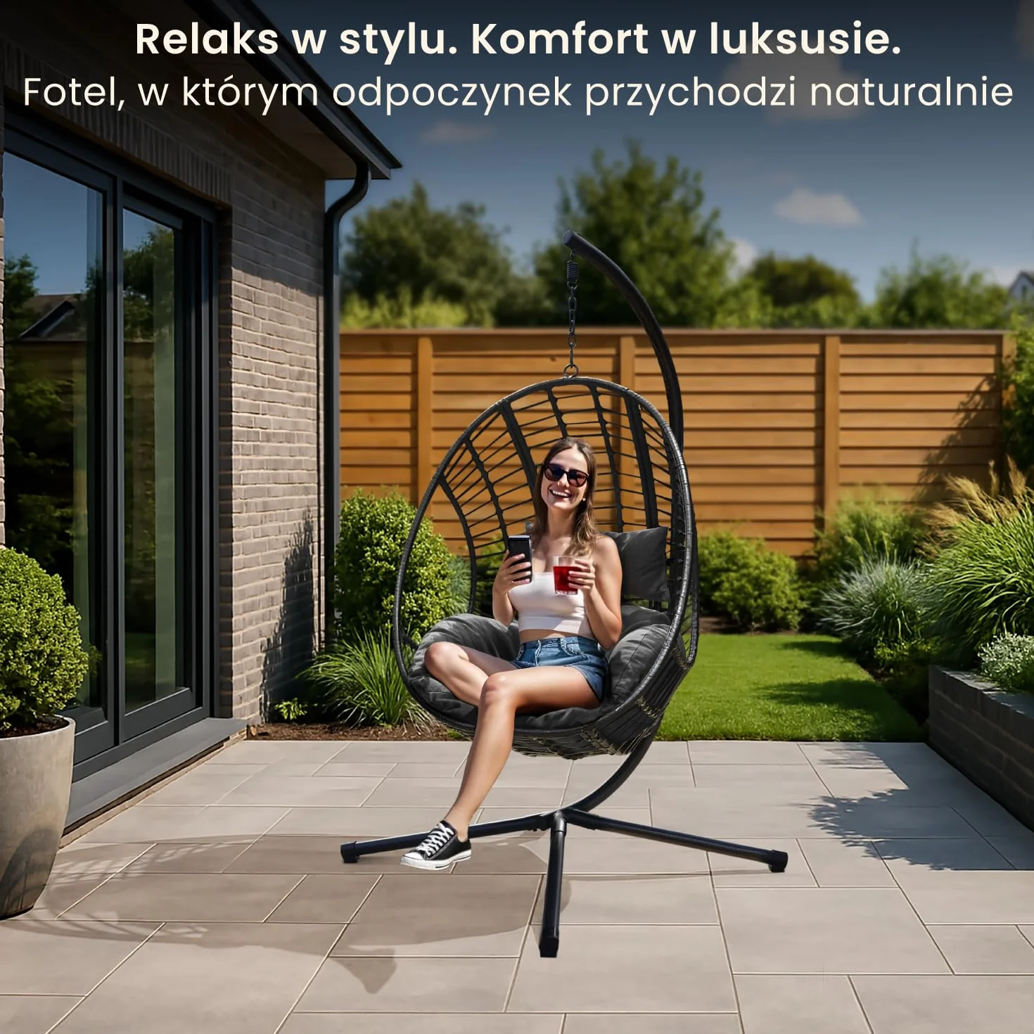 Fotel wiszący Swoods XXL Egg - Fotel wiszący ze stojakiem - Do wnętrz i na zewnątrz - Zawiera poduszki - Odporny na warunki atmosferyczne - Fotel Egg - do 150 kg (Ciemnoszary)