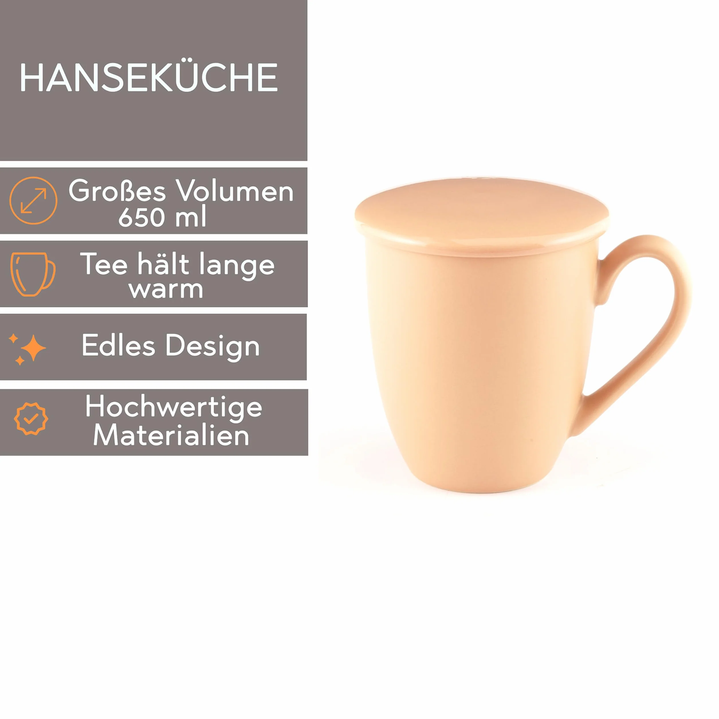 Hanseküche Filiżanka do herbaty z pokrywką i sitkiem – XXL kubek do herbaty 600 ml – duża filiżanka do herbaty ceramiczna – filiżanka Jumbo z pokrywką, ceramiczny, filtr do herbaty, sitko do herbaty