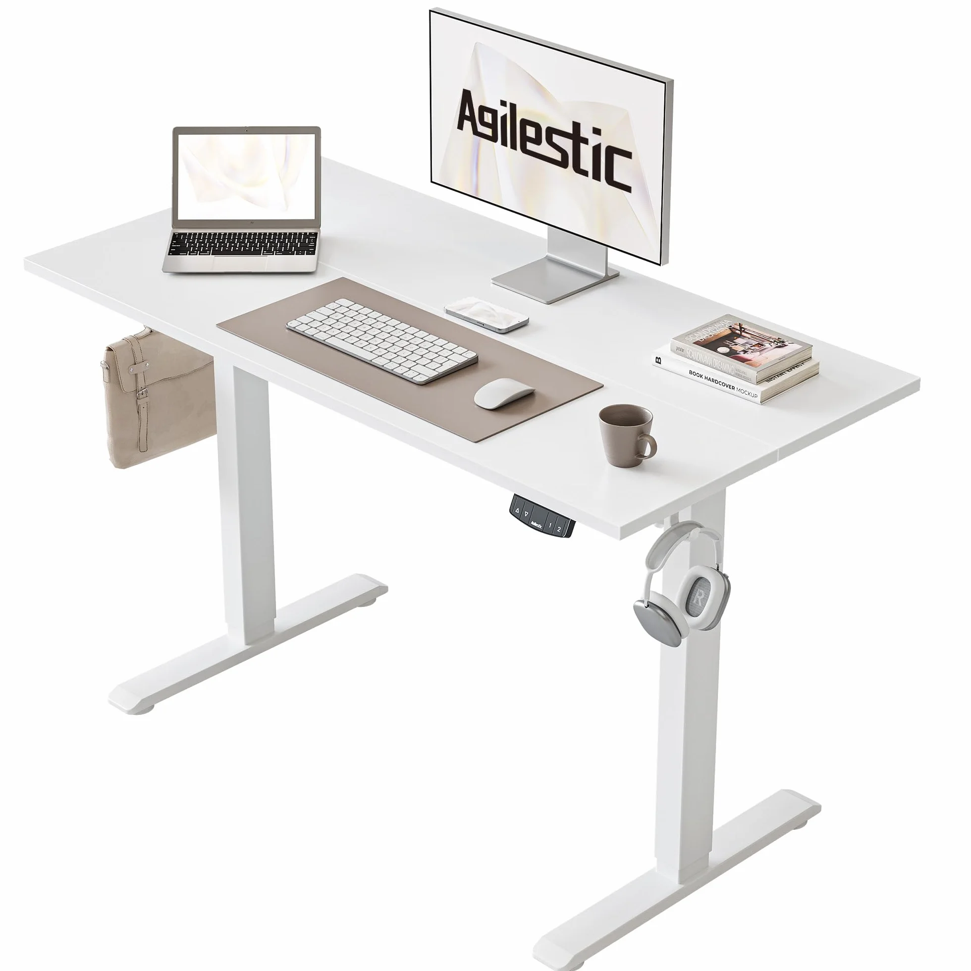 Agilestic Biurko z regulacją wysokości 100 x 60 cm, stabilne biurko z elektryczną regulacją wysokości i ręcznym sterowaniem z pamięcią, ergonomiczne biurko do pracy na stojąco lub siedząco, biały