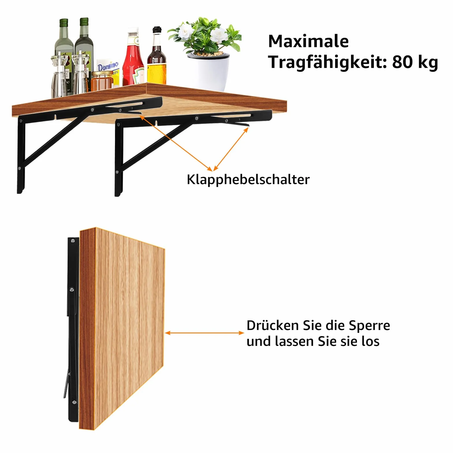 2 sztuki składanej konsoli, do dużych obciążeń, 400 mm, zawiasy składane, czarne, metalowe, składane, maksymalne obciążenie 80 kg, regał ścienny, wsparcie regału do domu, kuchni, 2 sztuki