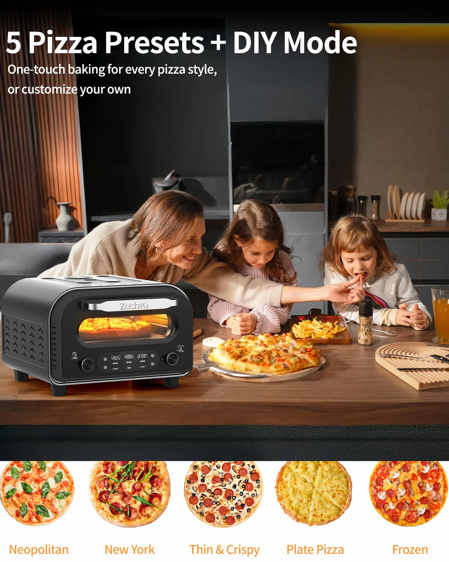 Elektryczny piekarnik do pizzy - do 450 ℃, 5 wstępnie ustawionych rodzajów pizzy, ekran dotykowy i obrotowe pokrętła, 1-60 minut timer, korpus ze stali nierdzewnej, do pizzy 32 cm