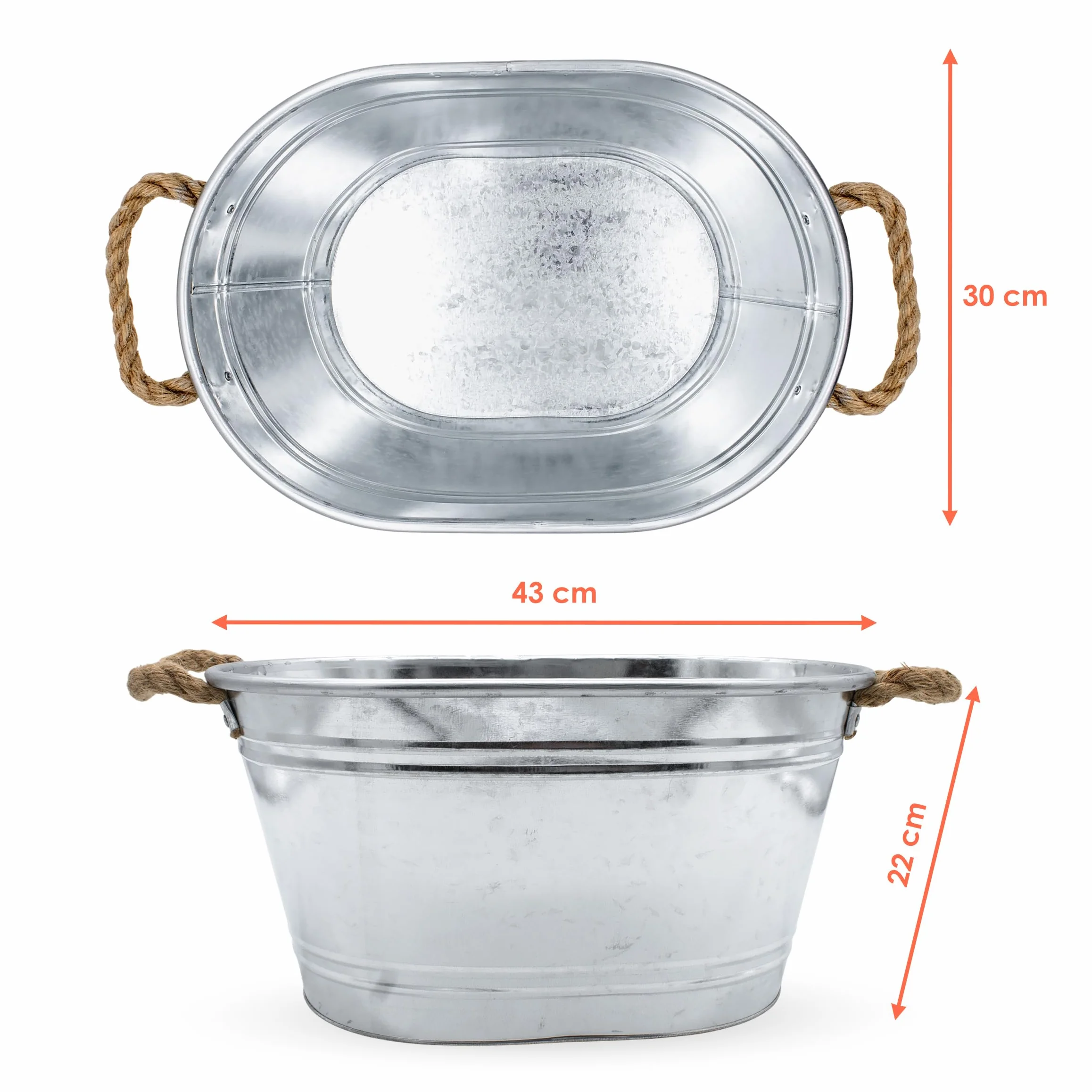 Wanna cynkowa, owalna donica na kwiaty, z uchwytami z naturalnego sznurka – 43 x 30 cm – metalowa wanna, doniczka na rośliny, mała, srebrna, ocynkowana – dekoracyjna wanna, doniczka na kwiaty, donica