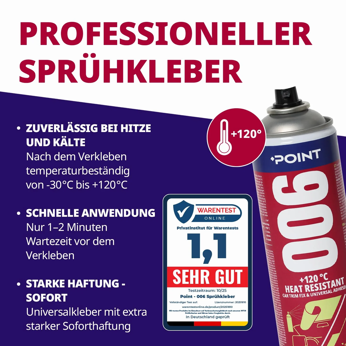 Point 006 Klej w sprayu – odporny na wysokie temperatury do 120°C, bardzo mocny klej w sprayu do podsufitki, pianki, rozbudowy pojazdu i wszechstronnych zastosowań, 500 ml na powierzchnię 2 m²