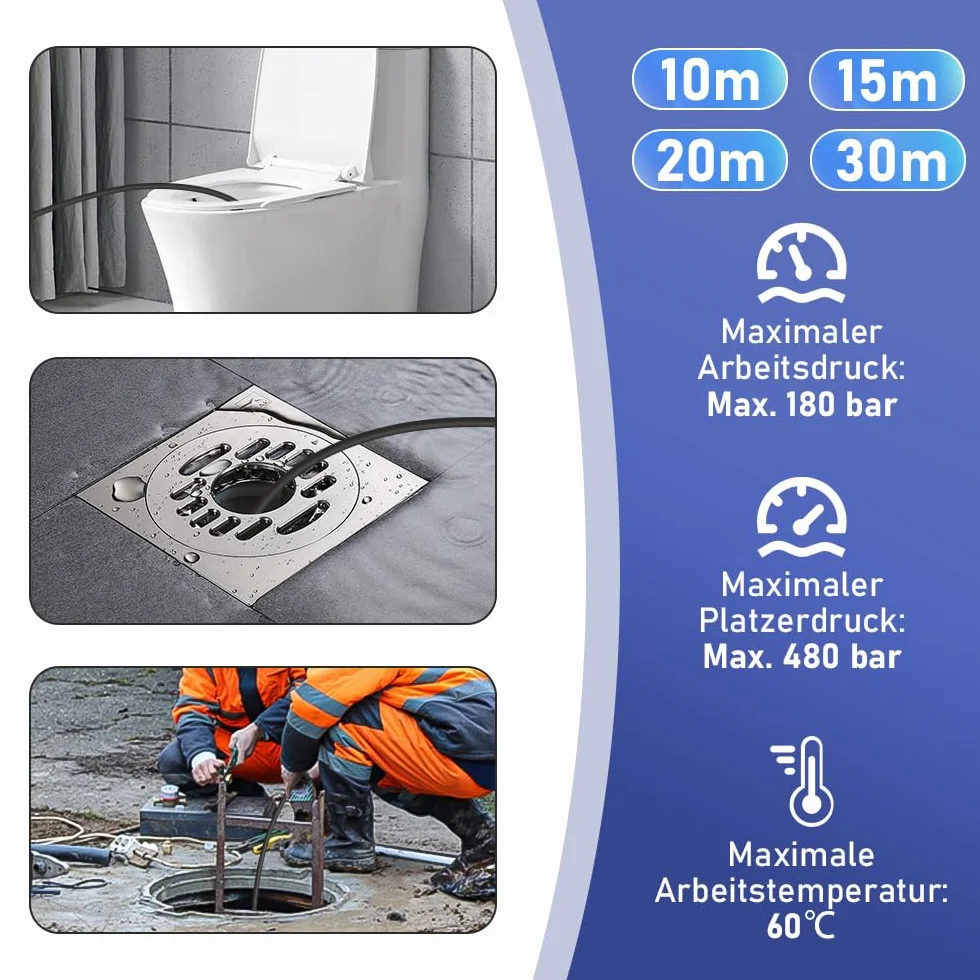 Zestaw węży do czyszczenia rur, 15 m, 180 bar, torba z adapterem M22, uniwersalny do czyszczenia rur, kompatybilny z myjką wysokociśnieniową K2-K7