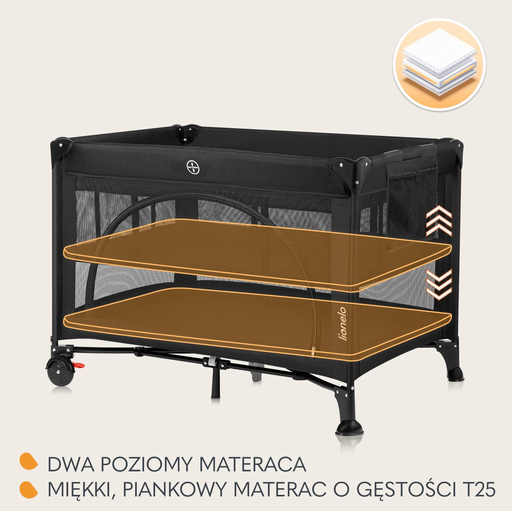 LIONELO LAURA Łóżeczko Turystyczne 2w1 do 15 Kg Kojec dziecięcy od 0 do 36 miesięcy Boczne Wejście Piankowy Materac T25, 2 Poziomy Wysokości, Torba Podróżna, Koła z Hamulcem