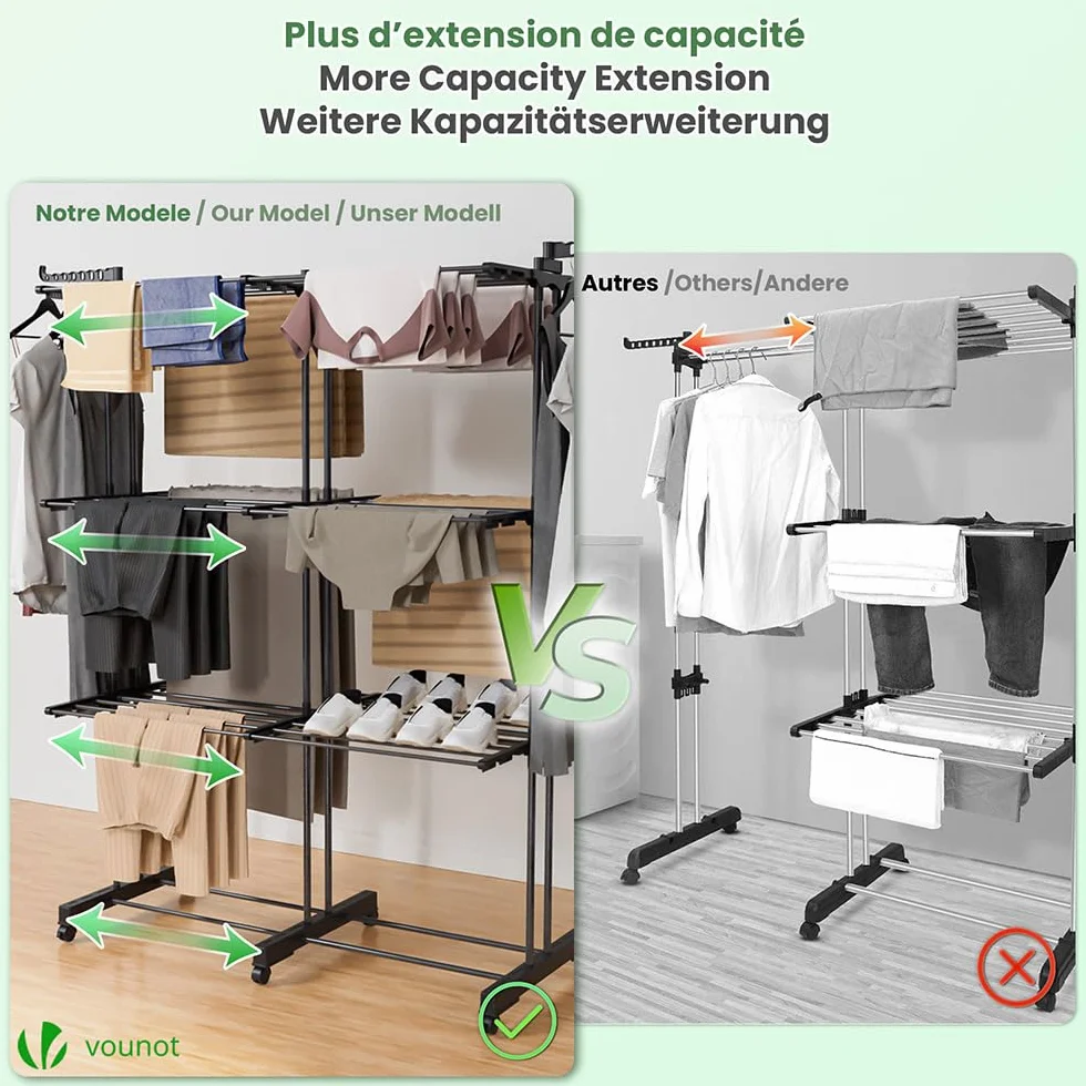 VOUNOT® Wysuwana suszarka na bieliznę o dużej pojemności, 3-poziomowa, składana suszarka 40 m, wielofunkcyjna pionowa suszarka do ubrań do użytku wewnątrz i na zewnątrz, czarna