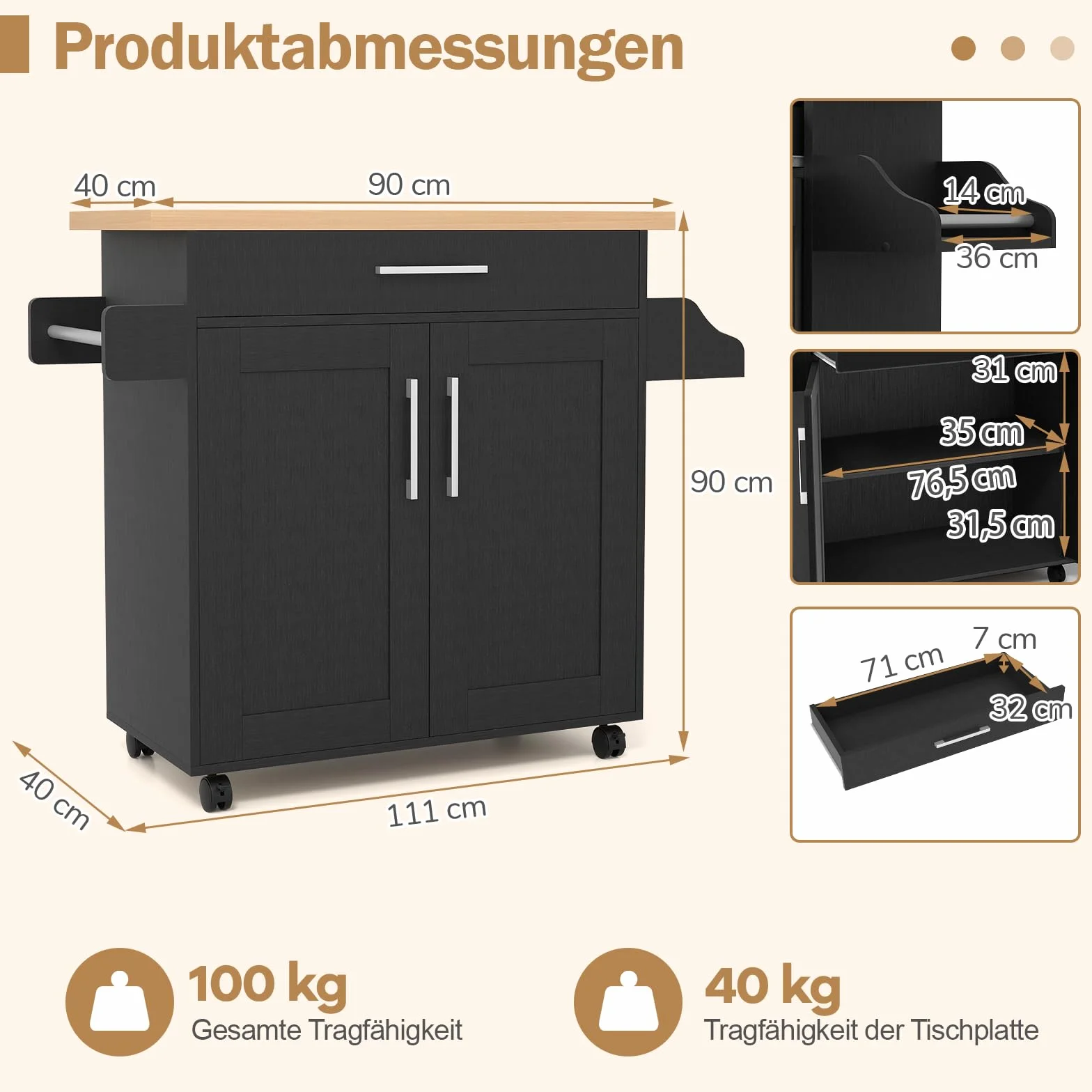 COSTWAY Wózek kuchenny z szufladą, wyspa kuchenna na kółkach, drewniany wózek do serwowania z uchwytem na ręczniki, półka na przyprawy, regulowana półka, szafka kuchenna na kółkach, wózek na wyspy