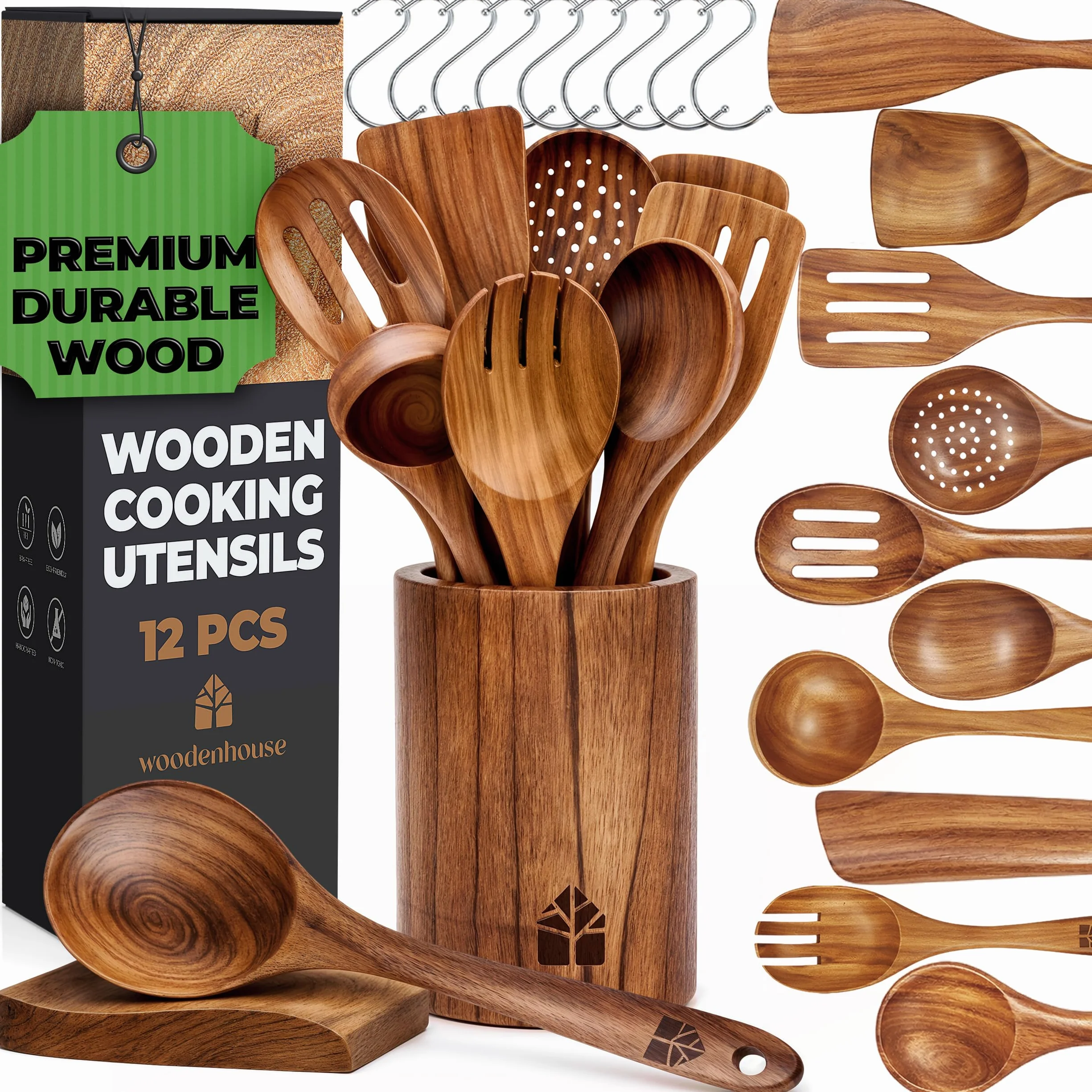 Teak Wooden Spoons for Cooking Set with Holder - 12pcs Nonstick Kitchen Utensils by Woodenhouse