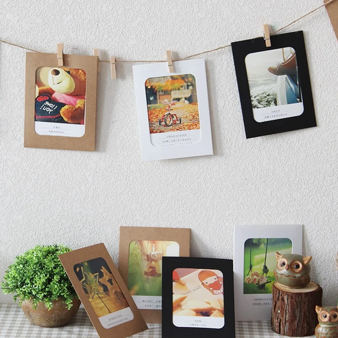 Brązowe papierowe ramki na zdjęcia, 40 sztuk, z papieru typu kraftowego, 11,5 x 15,5 cm, do zawieszenia obrazów, pocztówek z 40 drewnianymi klamerkami i 4 linkami konopnymi, 3 kolory