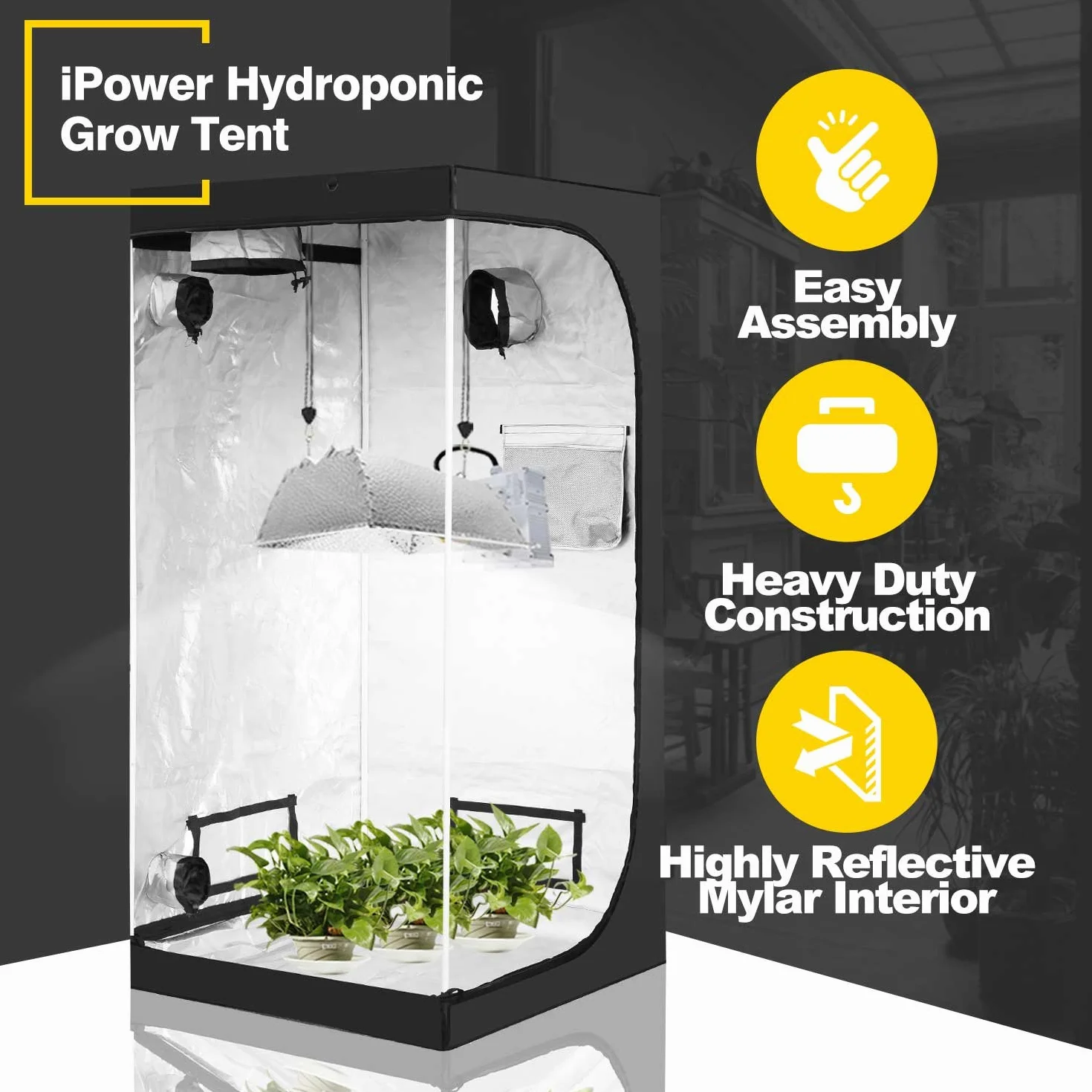 iPower Mylar Hydroponiczny wodoodporny namiot do uprawy z okienkiem obserwacyjnym i zdejmowaną tacą podłogową, torba na narzędzia do sadzonek roślin domowych, rozmnażania, kwitnienia, czarny i